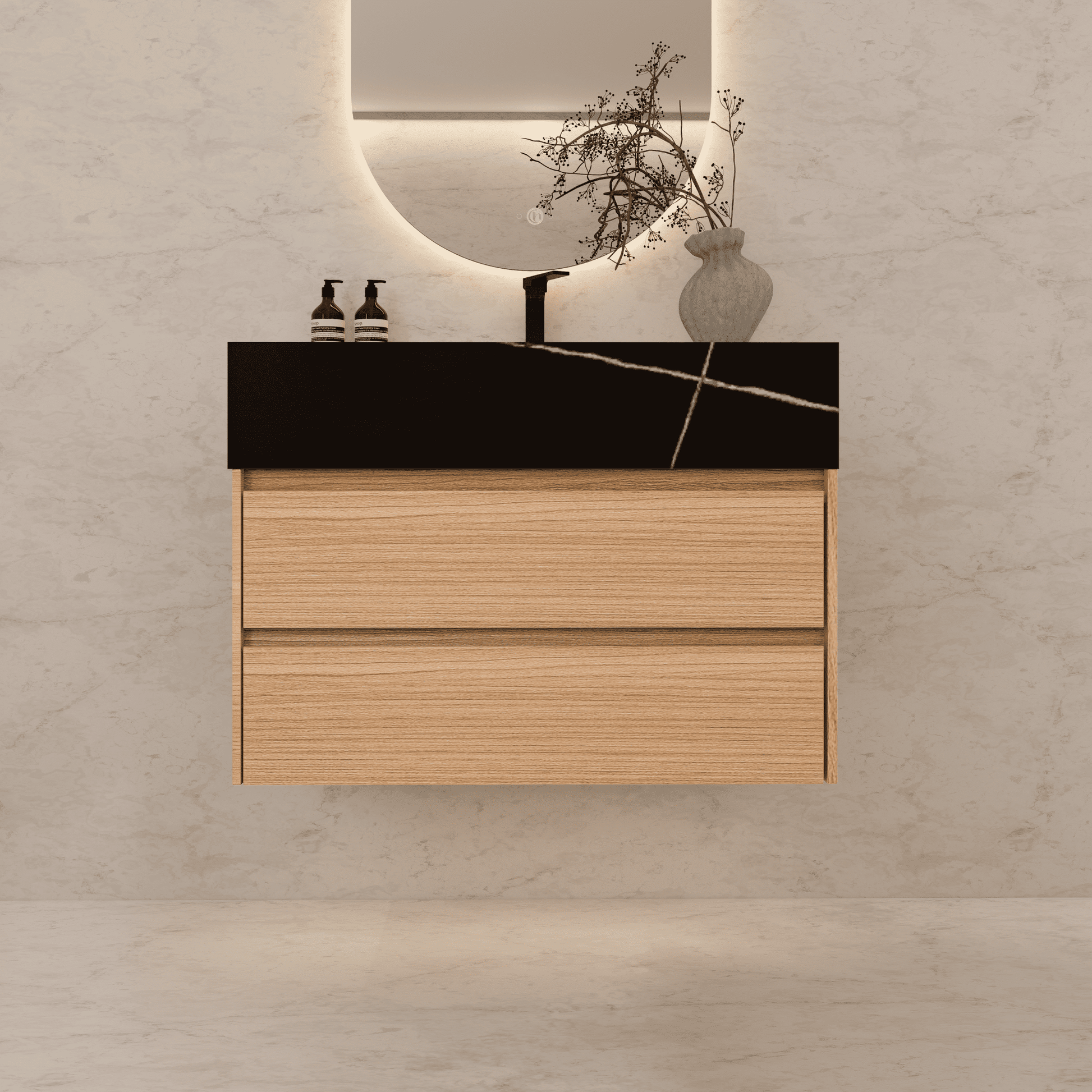 32", 36", 40" Sintered Stone Top with Light Oak Floating Bathroom Vanity - VanityBlack Marquina Gold Veins