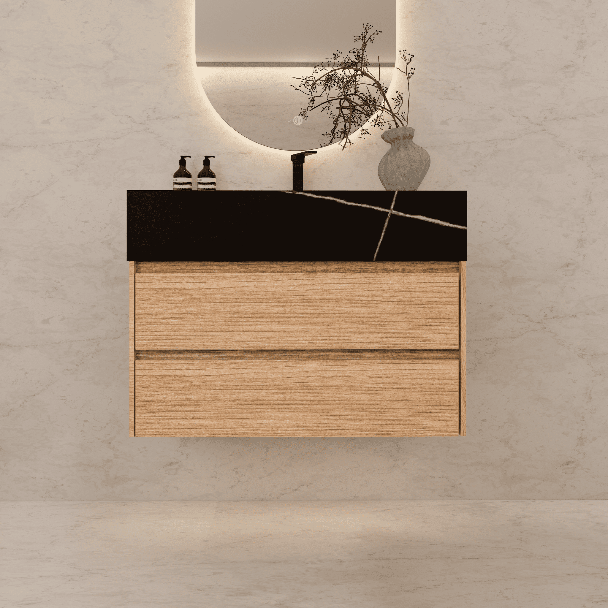 32", 36", 40" Sintered Stone Top with Light Oak Floating Bathroom Vanity - VanityBlack Marquina Gold Veins