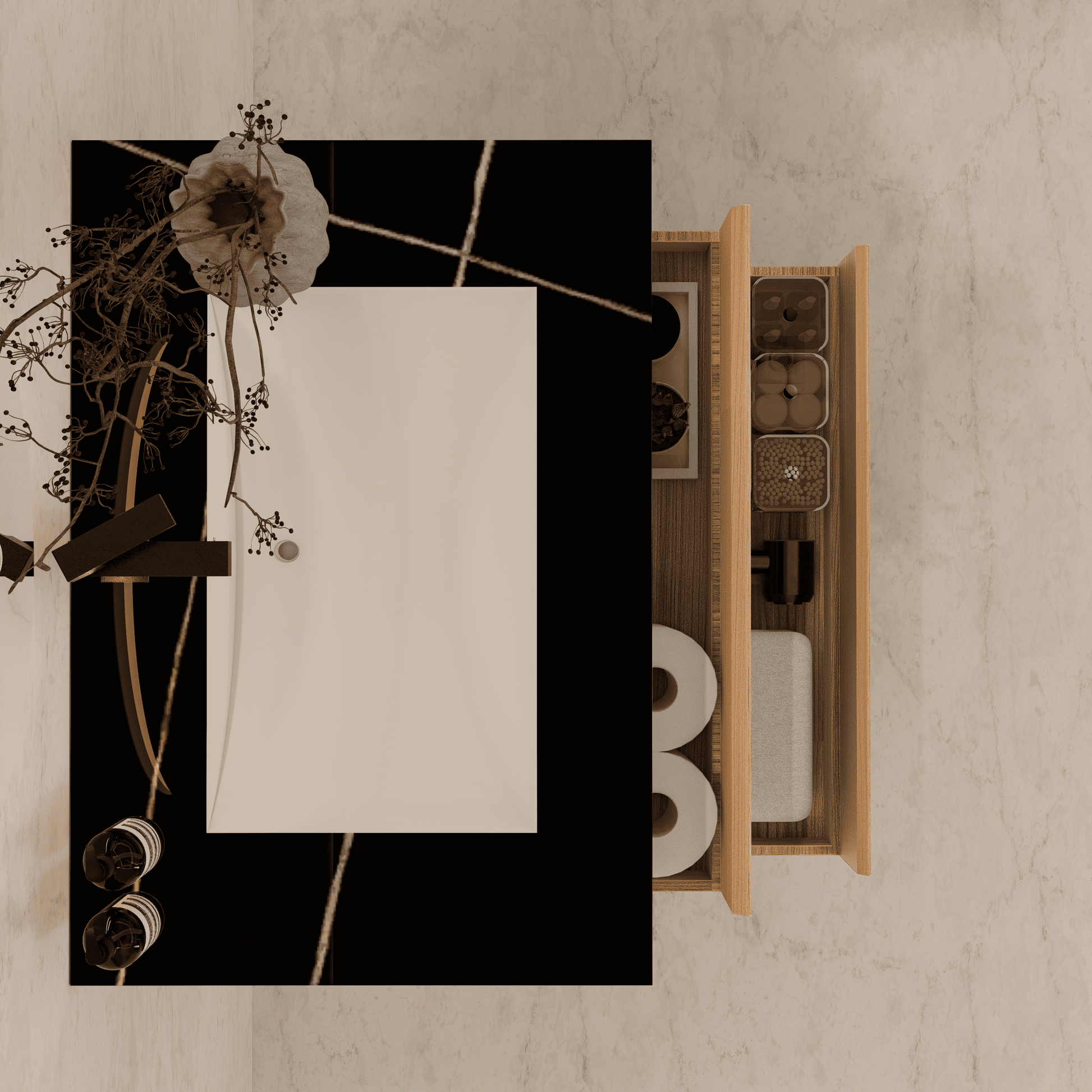 32", 36", 40" Sintered Stone Top with Light Oak Floating Bathroom Vanity - VanityBlack Marquina Gold Veins