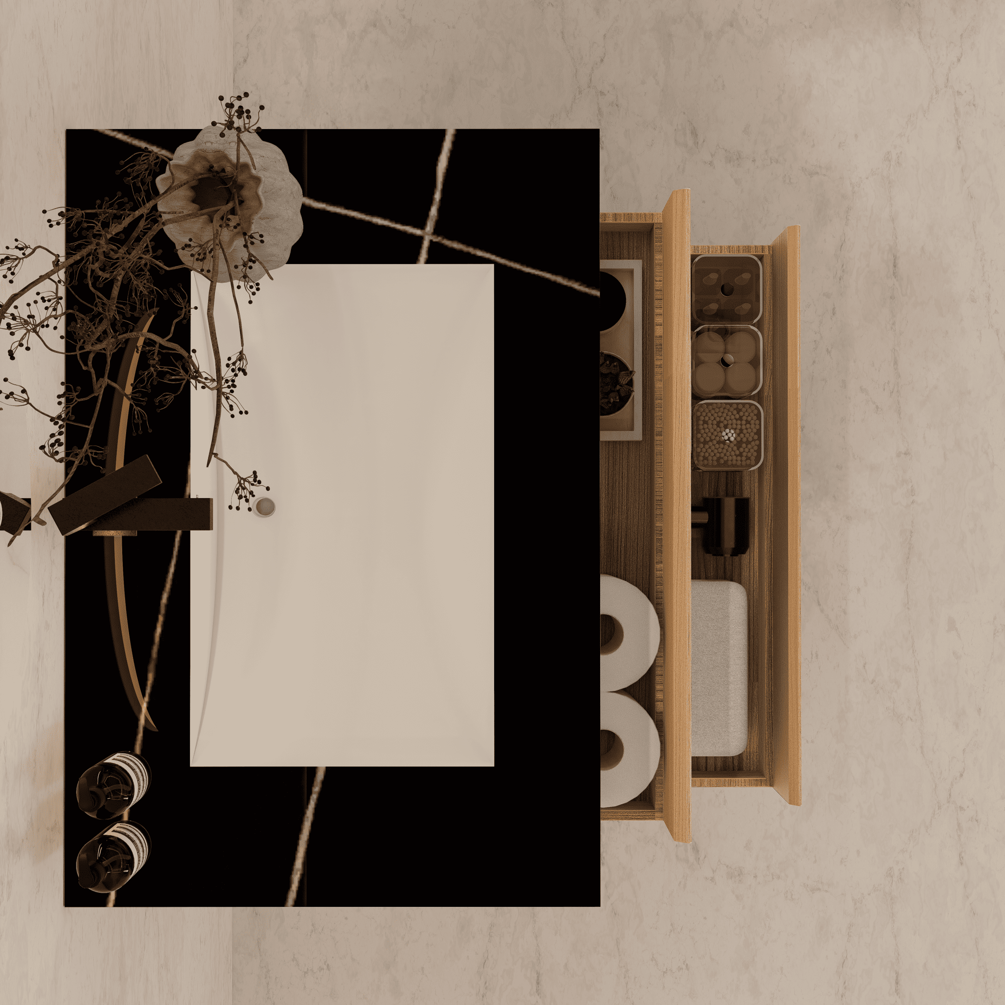 32", 36", 40" Sintered Stone Top with Light Oak Floating Bathroom Vanity - VanityBlack Marquina Gold Veins