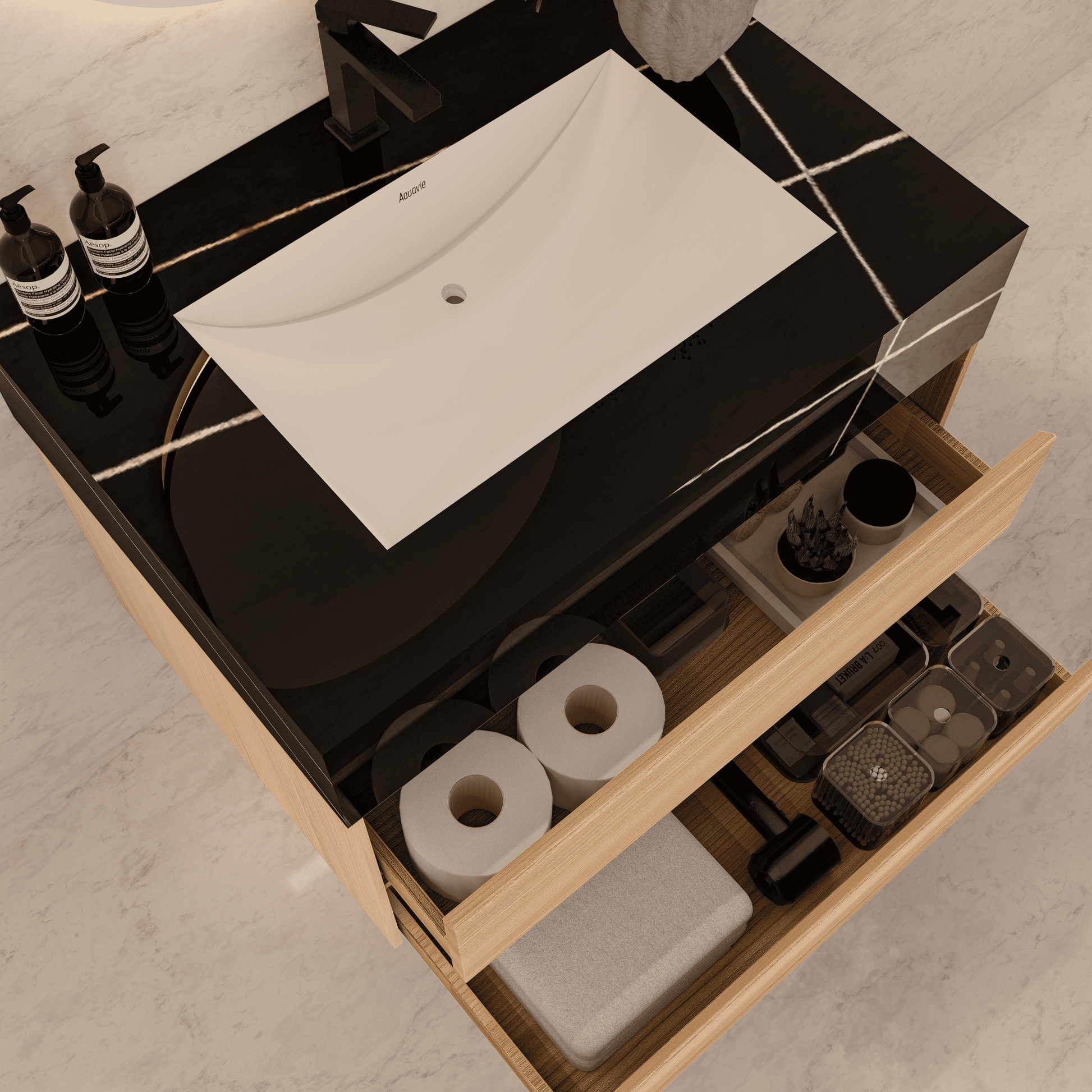 32", 36", 40" Sintered Stone Top with Light Oak Floating Bathroom Vanity - VanityBlack Marquina Gold Veins