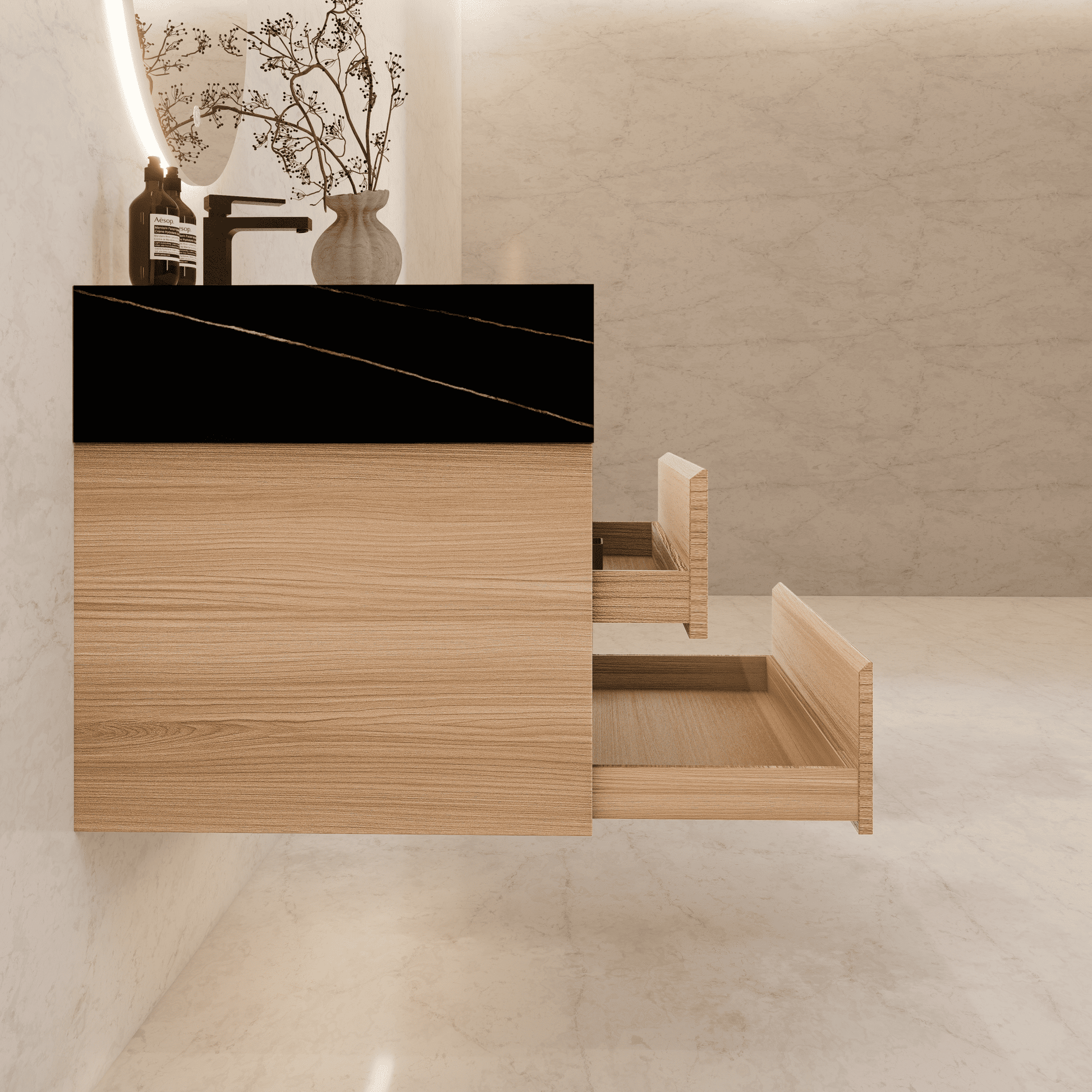 32", 36", 40" Sintered Stone Top with Light Oak Floating Bathroom Vanity - VanityBlack Marquina Gold Veins