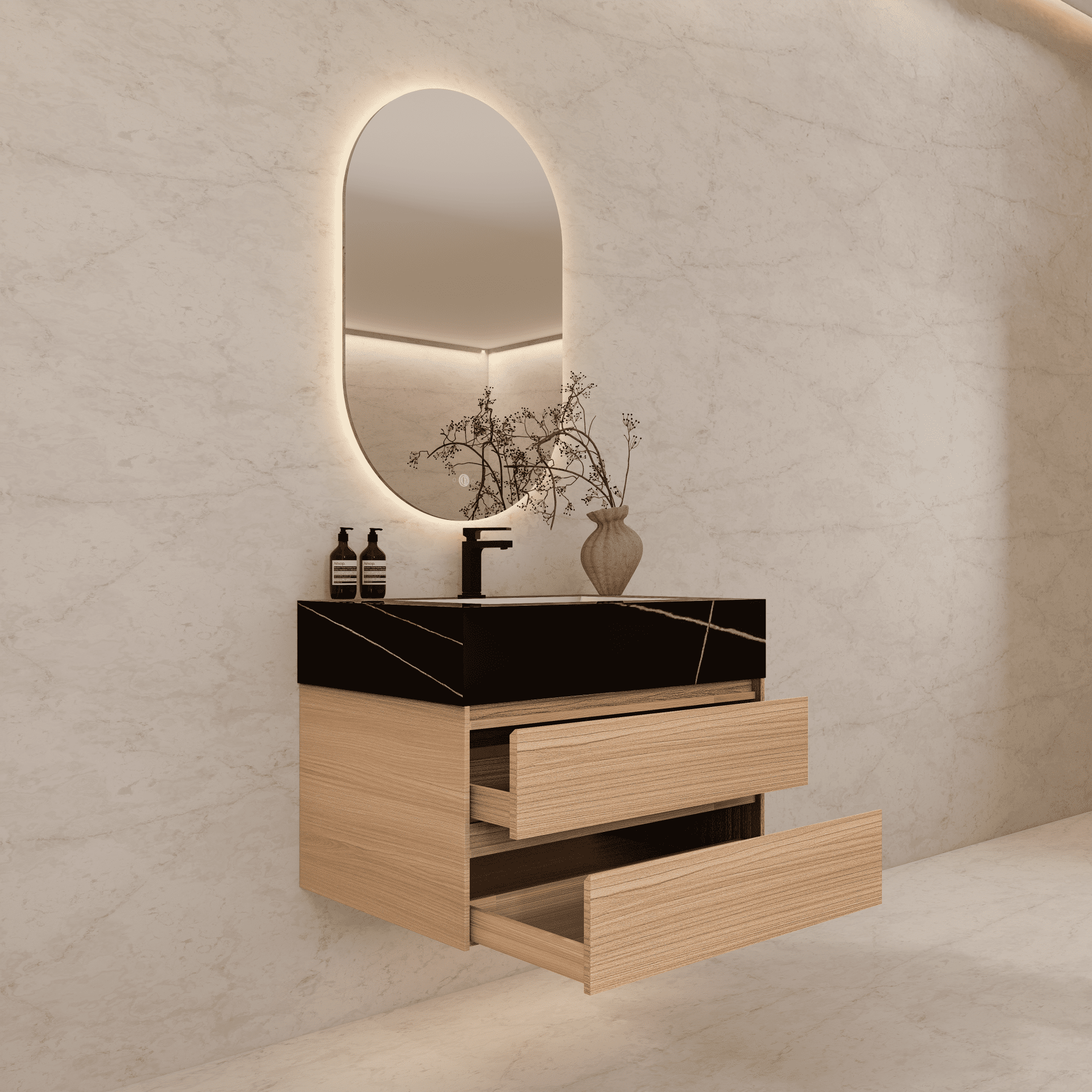 32", 36", 40" Sintered Stone Top with Light Oak Floating Bathroom Vanity - VanityBlack Marquina Gold Veins