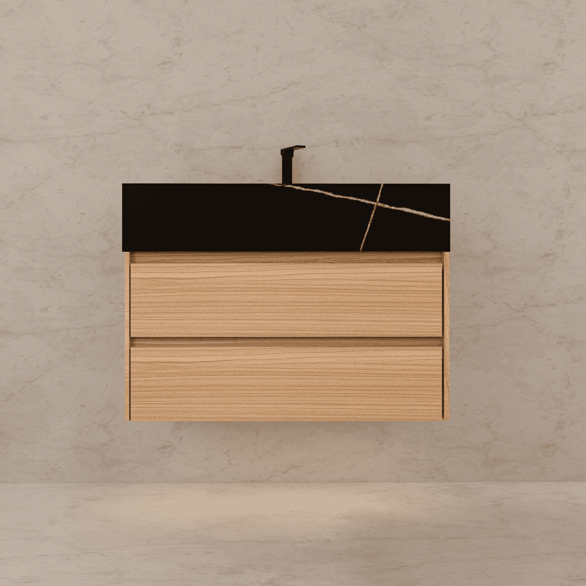 32", 36", 40" Sintered Stone Top with Light Oak Floating Bathroom Vanity - VanityBlack Marquina Gold Veins