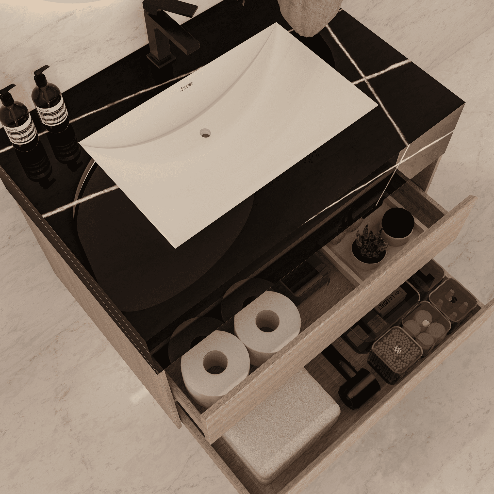 32", 36", 40" Sintered Stone Top with Light Oak Floating Bathroom Vanity - VanityBlack Marquina Gold Veins