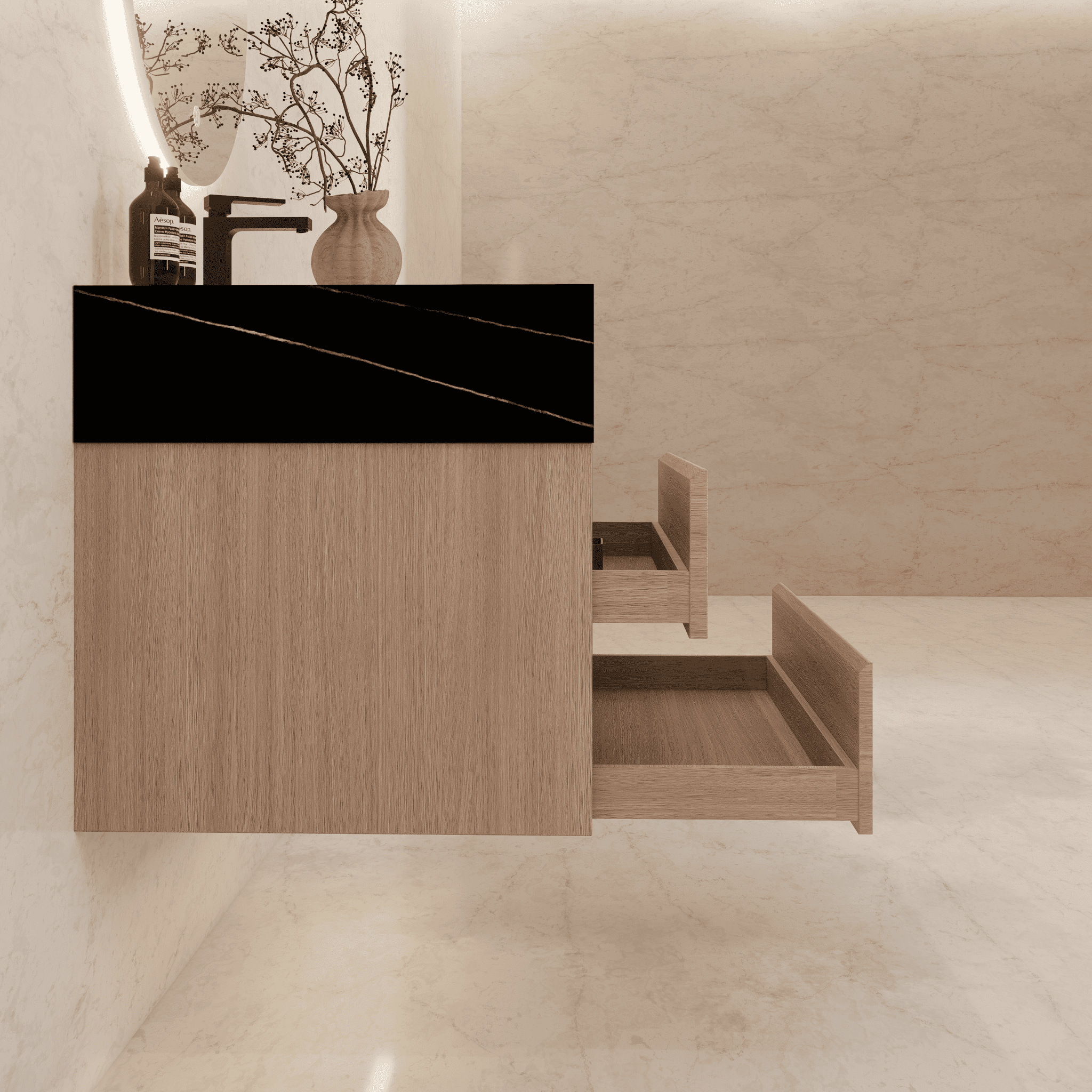 32", 36", 40" Sintered Stone Top with Light Oak Floating Bathroom Vanity - VanityBlack Marquina Gold Veins