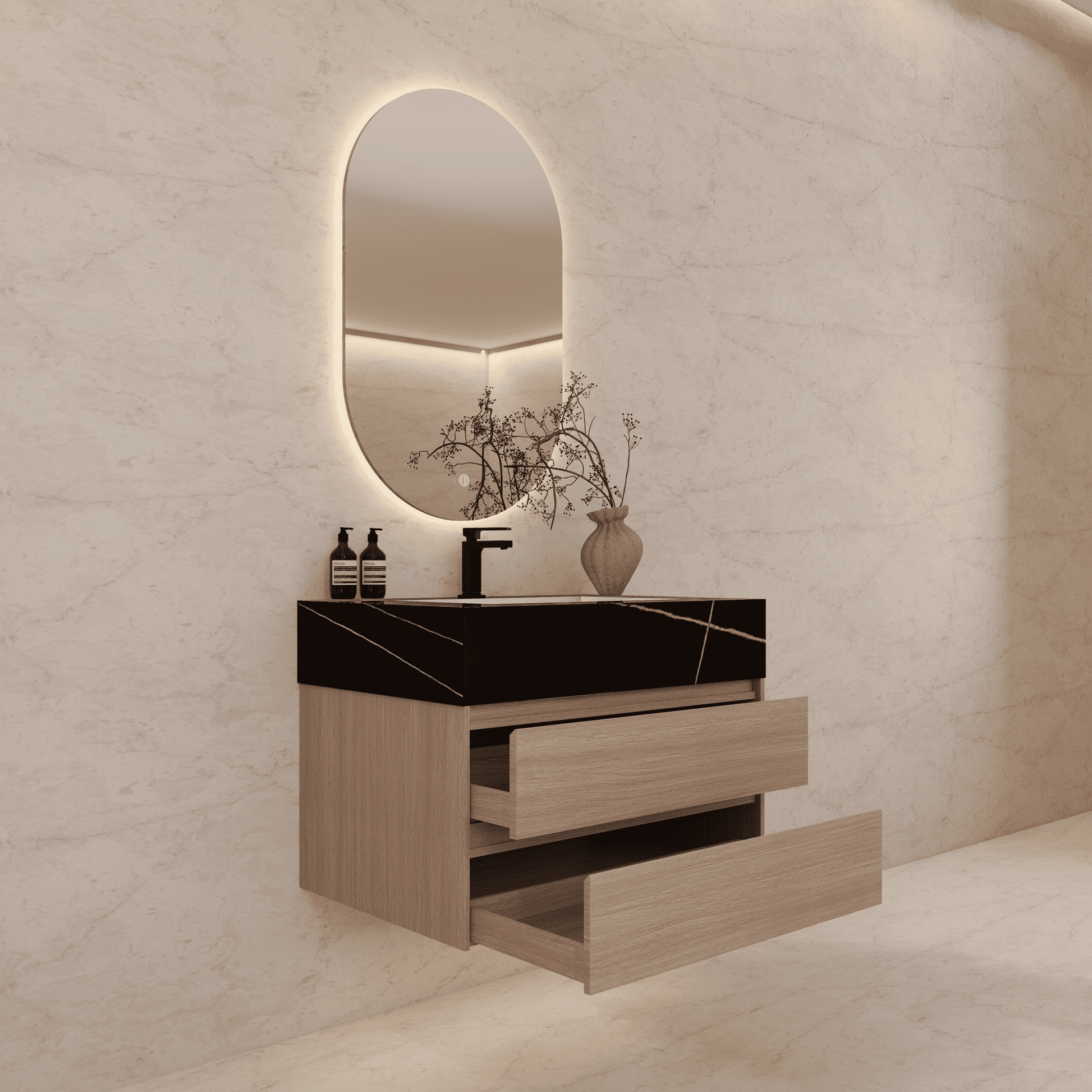 32", 36", 40" Sintered Stone Top with Light Oak Floating Bathroom Vanity - VanityBlack Marquina Gold Veins