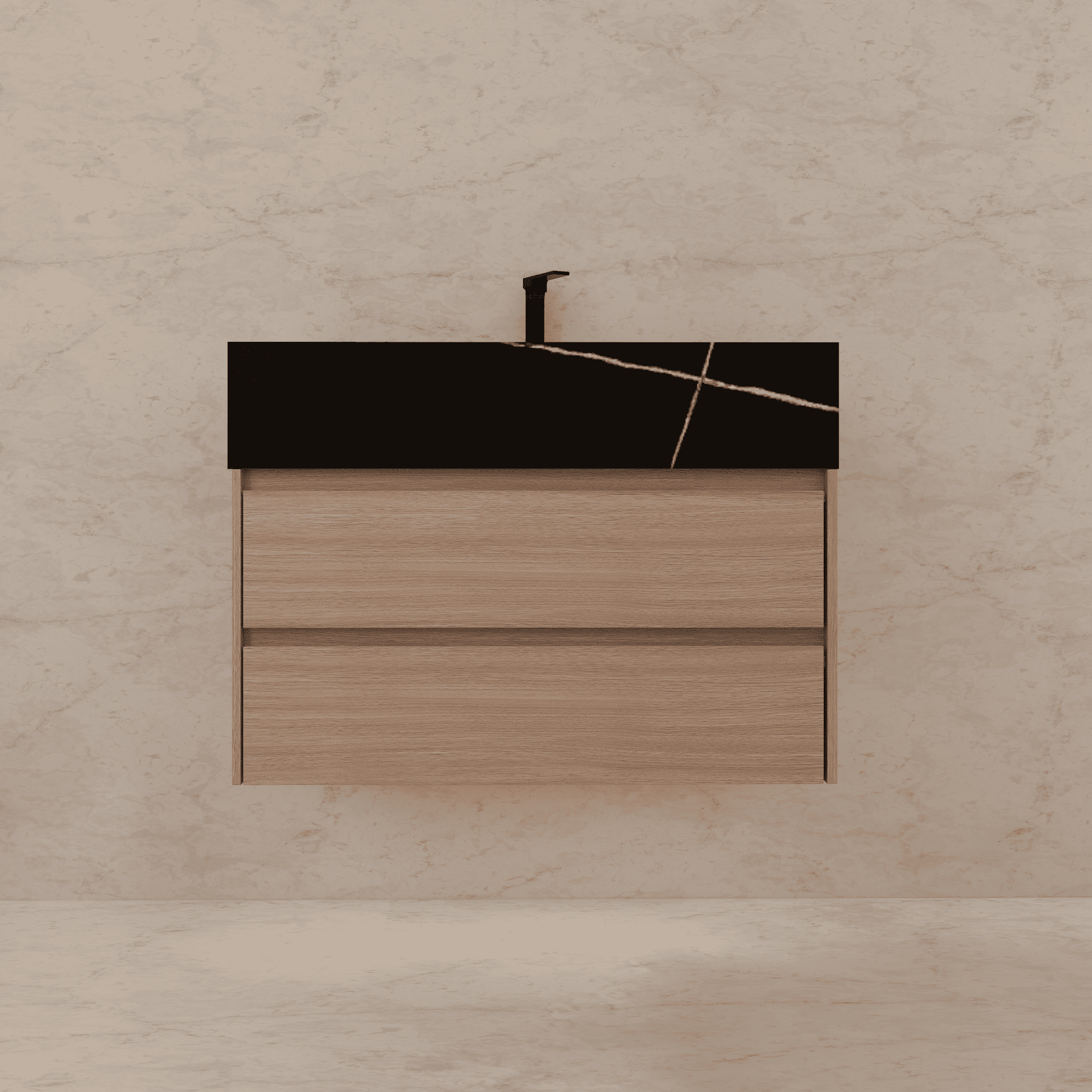 32", 36", 40" Sintered Stone Top with Light Oak Floating Bathroom Vanity - VanityBlack Marquina Gold Veins