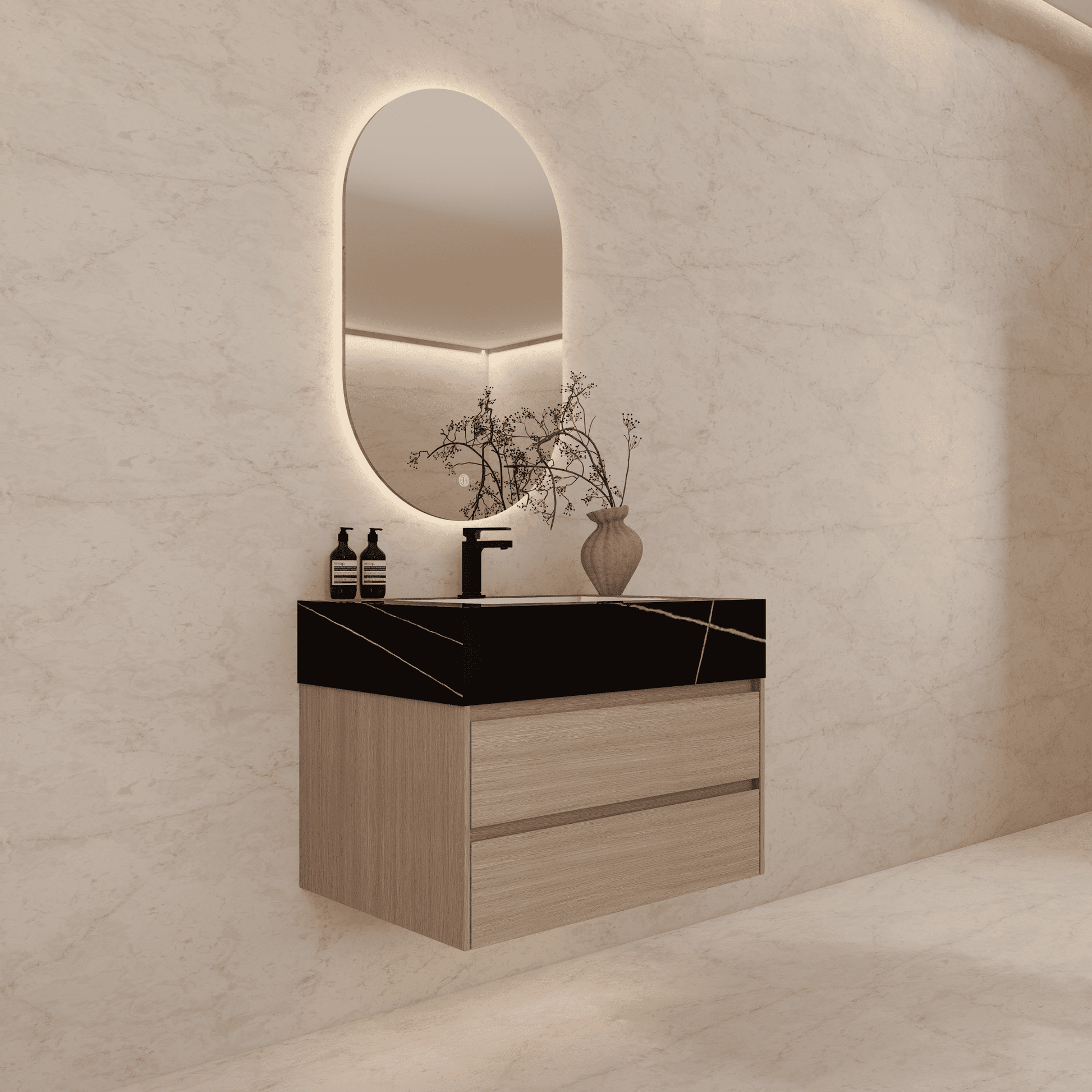32", 36", 40" Sintered Stone Top with Light Oak Floating Bathroom Vanity - VanityBlack Marquina Gold Veins