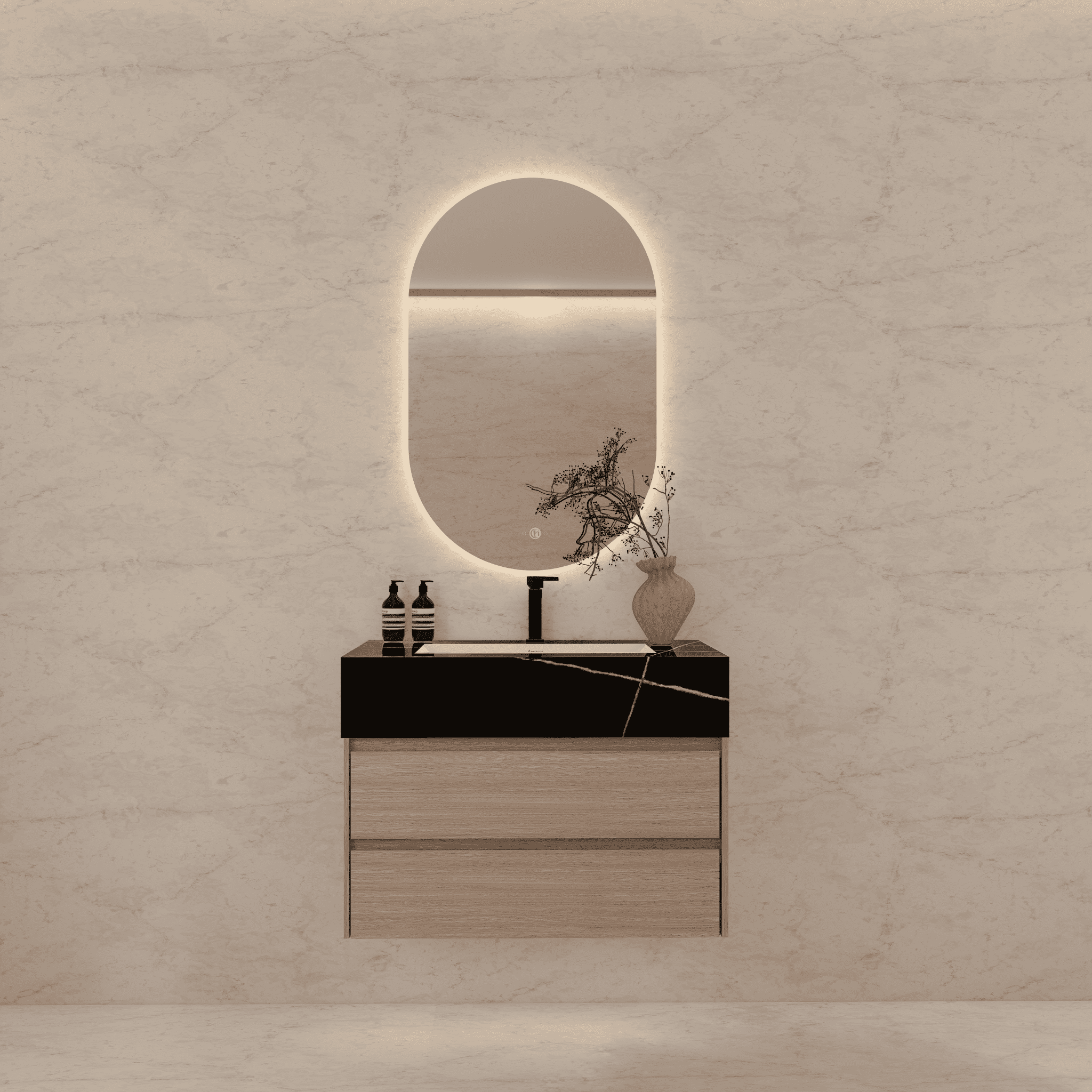 32", 36", 40" Sintered Stone Top with Light Oak Floating Bathroom Vanity - VanityBlack Marquina Gold Veins