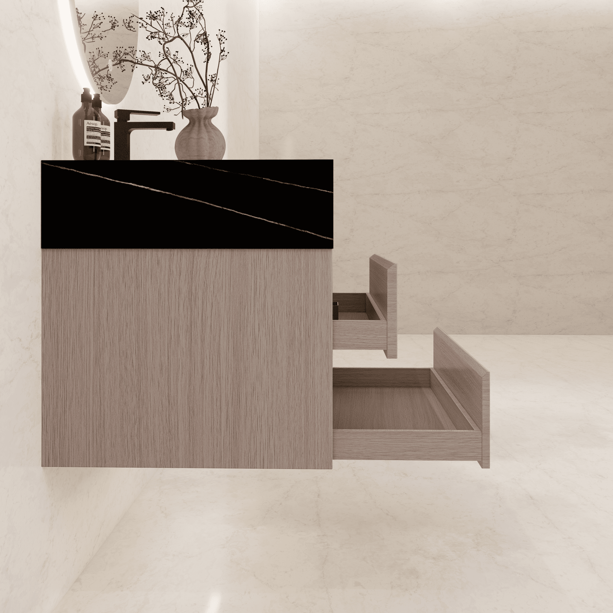 32", 36", 40" Sintered Stone Top with Light Oak Floating Bathroom Vanity - VanityBlack Marquina Gold Veins