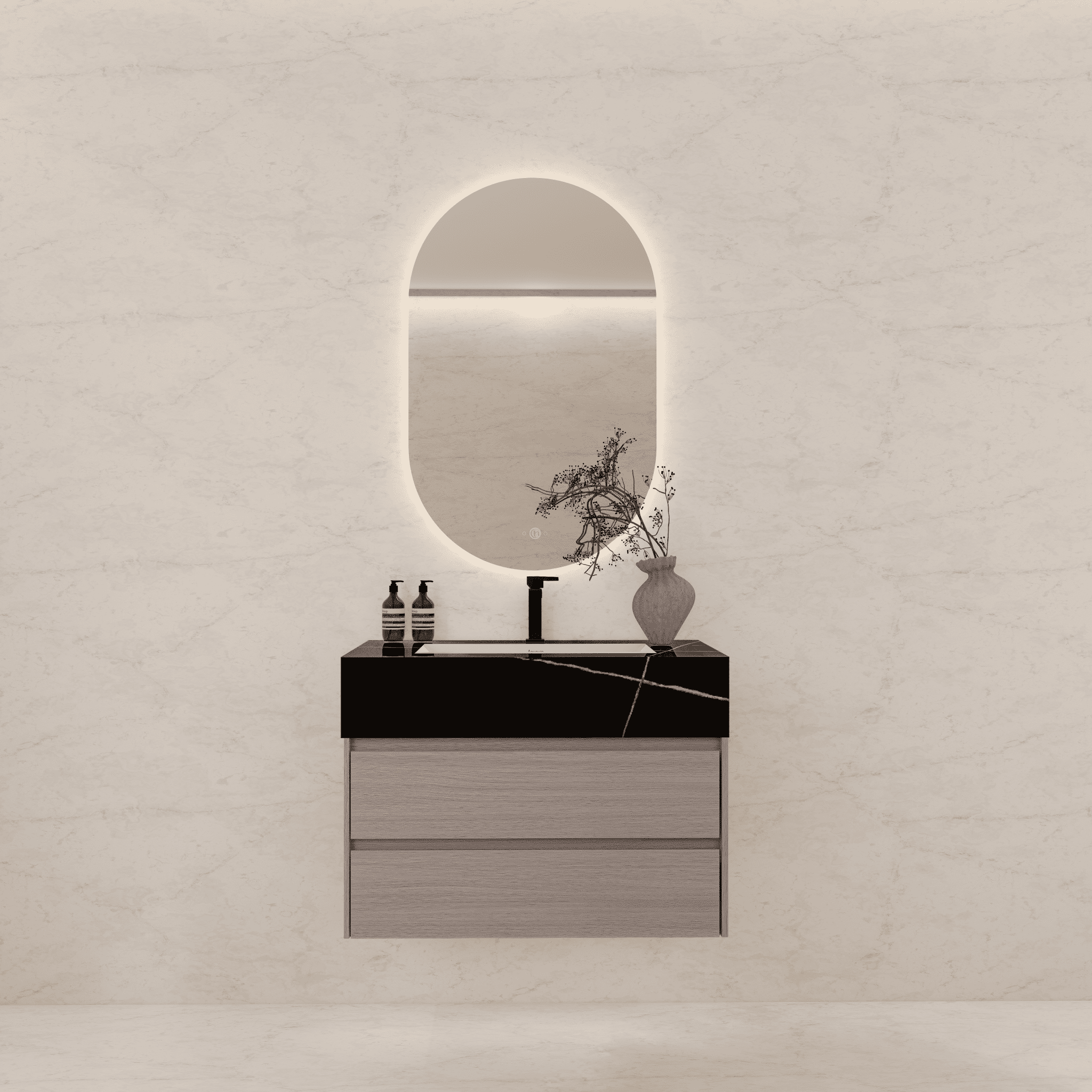 32", 36", 40" Sintered Stone Top with Light Oak Floating Bathroom Vanity - VanityBlack Marquina Gold Veins