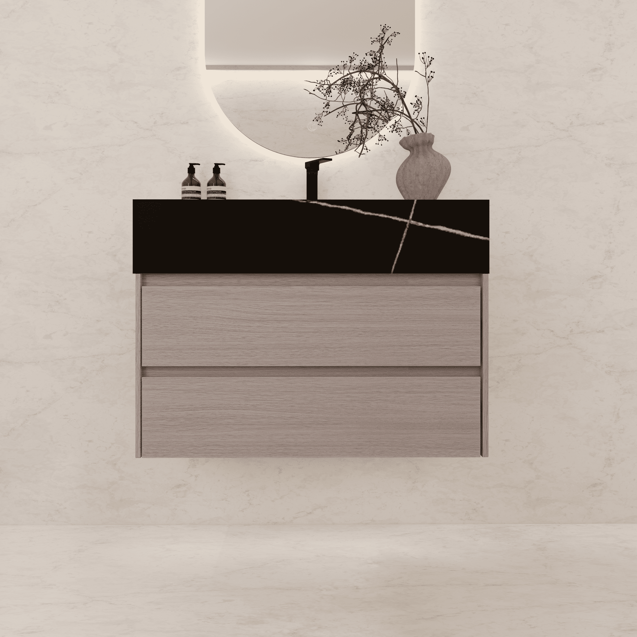 32", 36", 40" Sintered Stone Top with Light Oak Floating Bathroom Vanity - VanityBlack Marquina Gold Veins