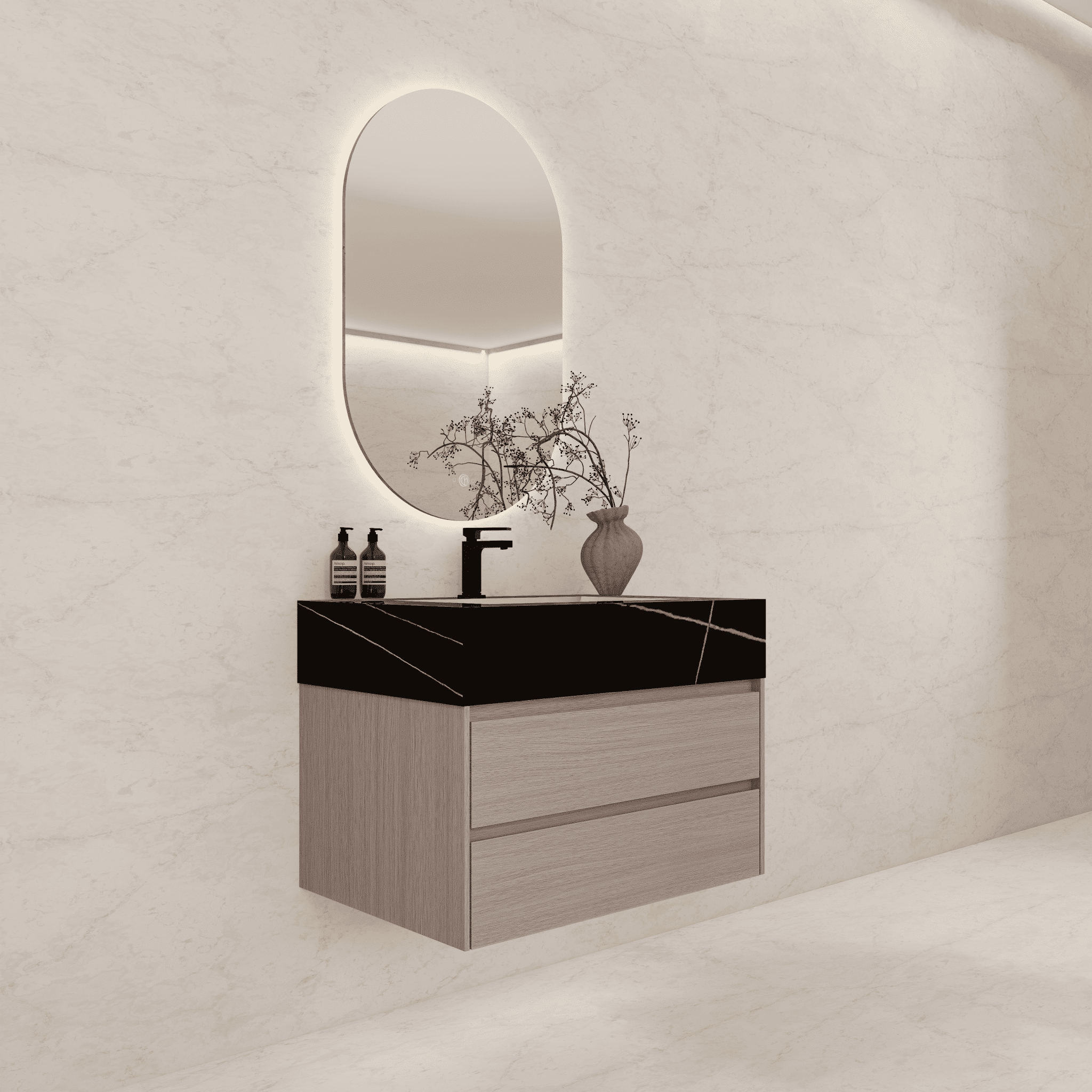 32", 36", 40" Sintered Stone Top with Light Oak Floating Bathroom Vanity - VanityBlack Marquina Gold Veins