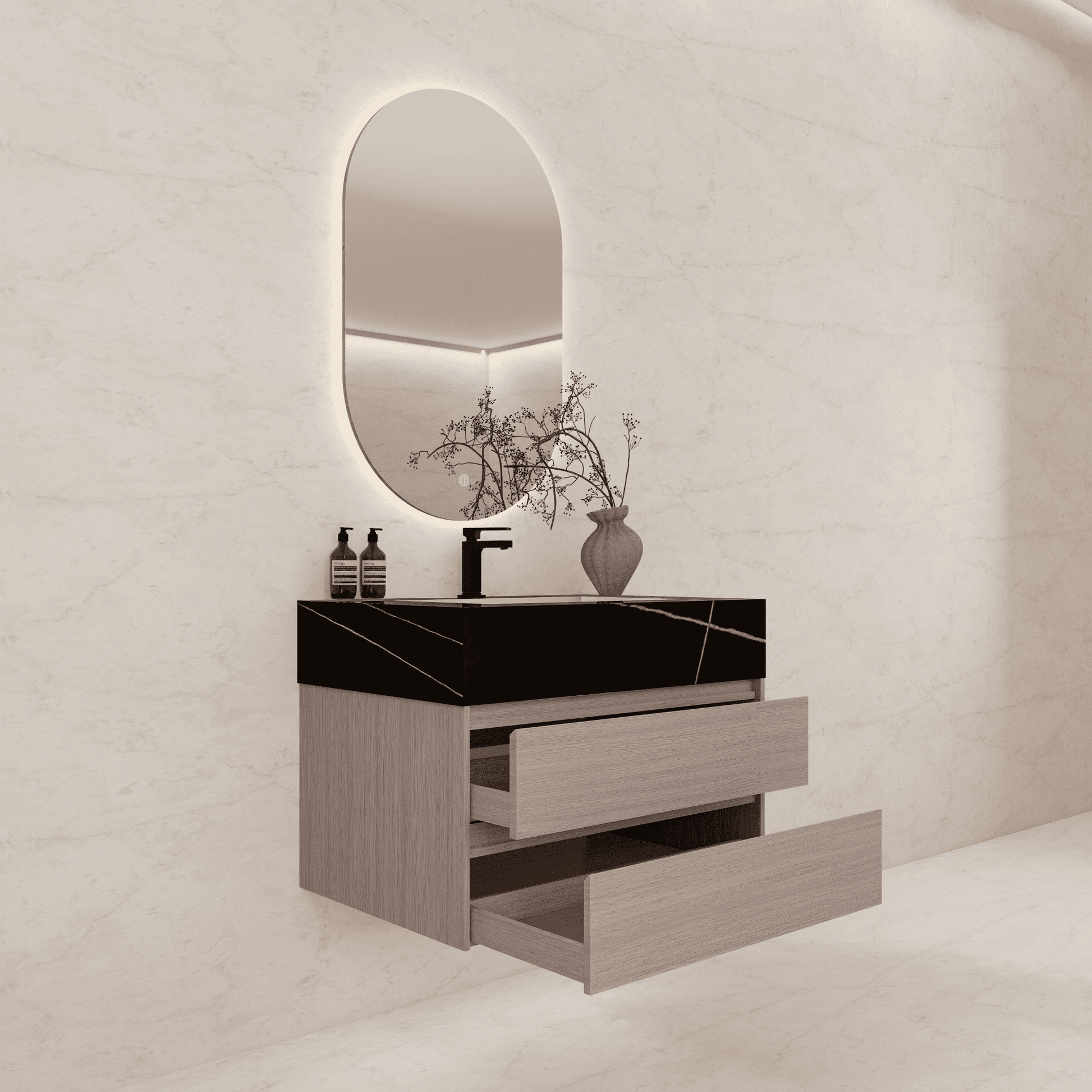 32", 36", 40" Sintered Stone Top with Light Oak Floating Bathroom Vanity - VanityBlack Marquina Gold Veins