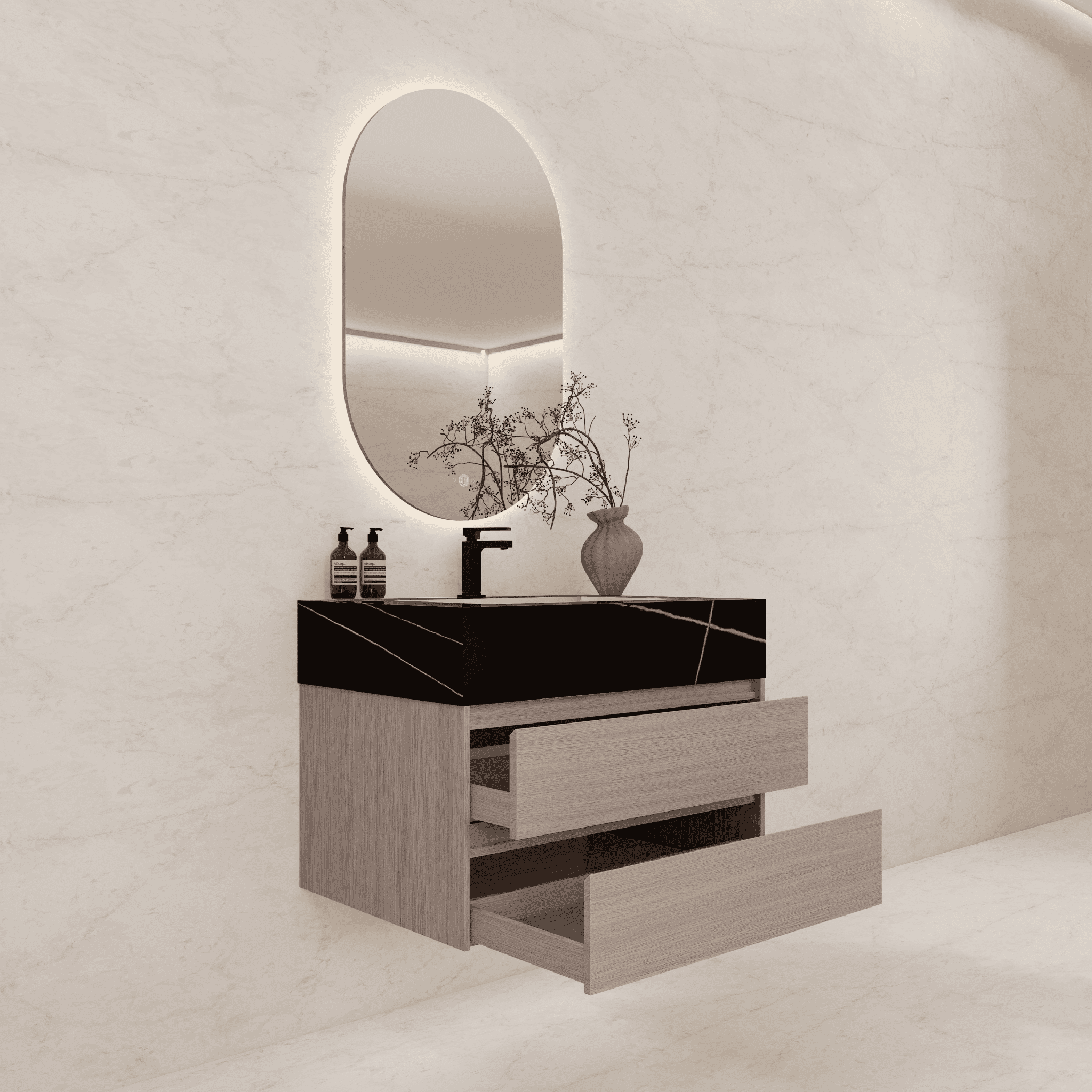 32", 36", 40" Sintered Stone Top with Light Oak Floating Bathroom Vanity - VanityBlack Marquina Gold Veins