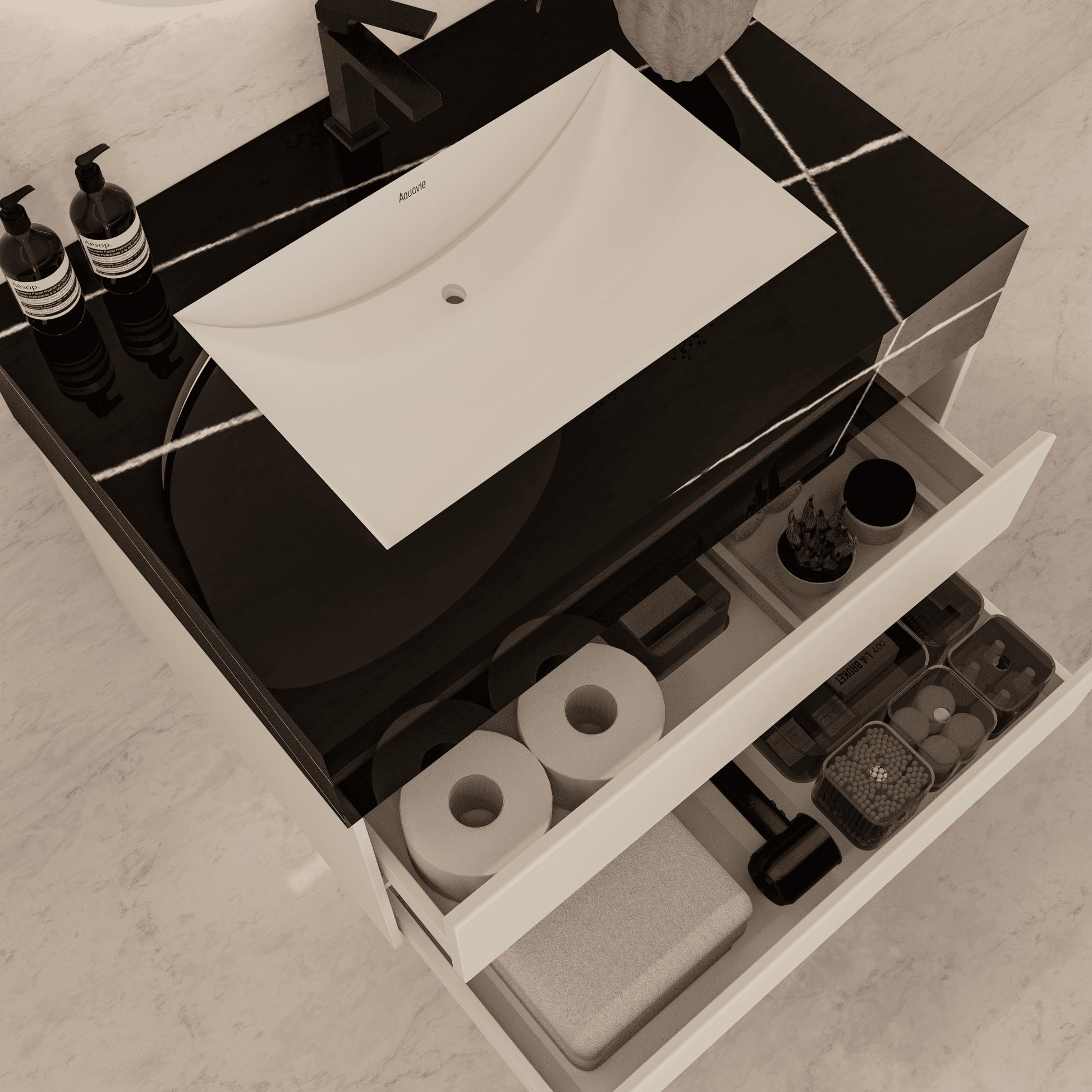 32", 36", 40" Sintered Stone Top with Light Oak Floating Bathroom Vanity - VanityBlack Marquina Gold Veins