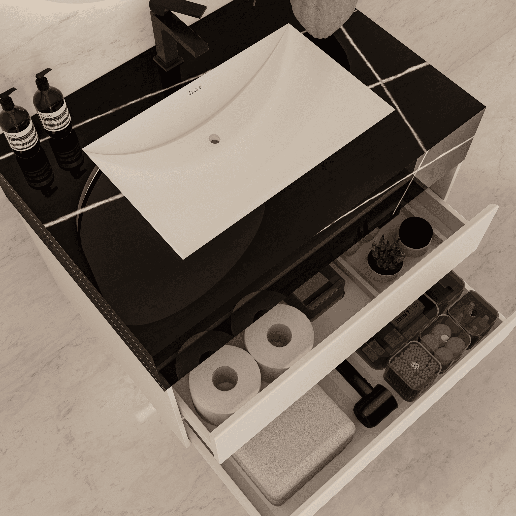 32", 36", 40" Sintered Stone Top with Light Oak Floating Bathroom Vanity - VanityBlack Marquina Gold Veins