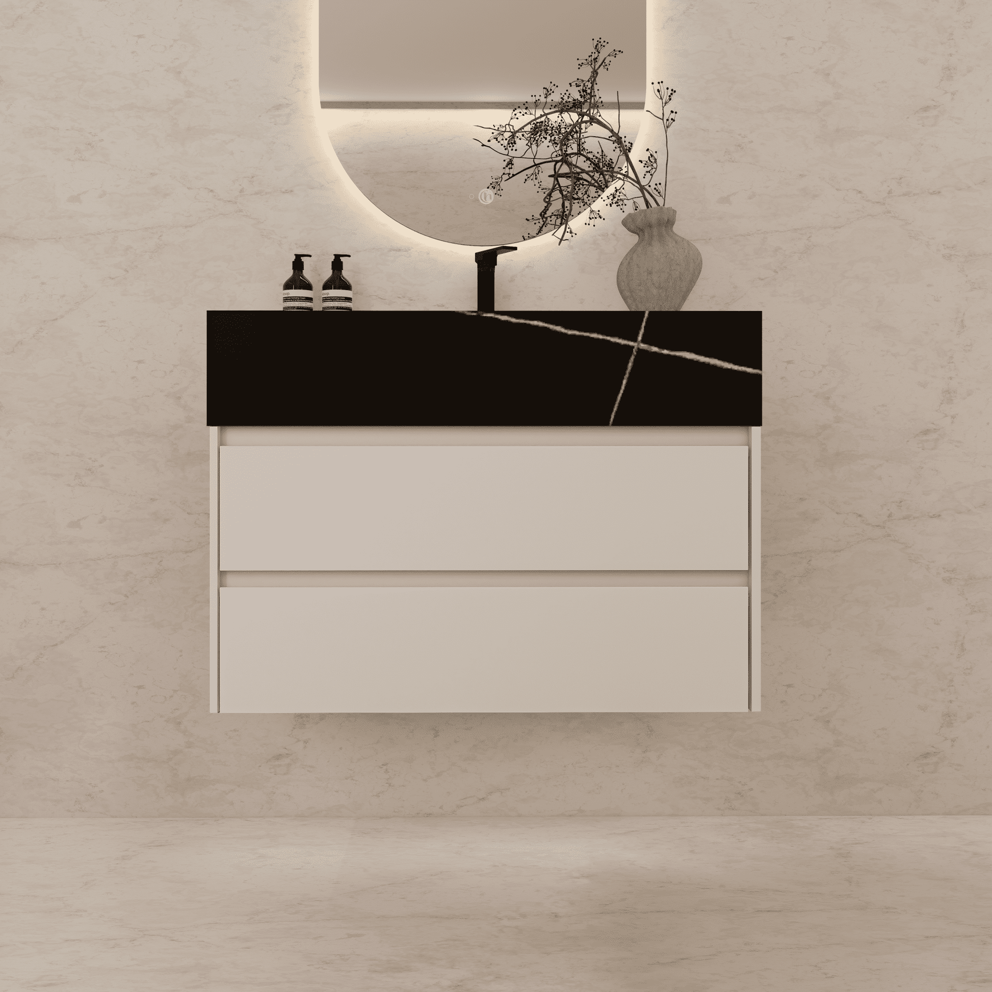 32", 36", 40" Sintered Stone Top with Light Oak Floating Bathroom Vanity - VanityBlack Marquina Gold Veins