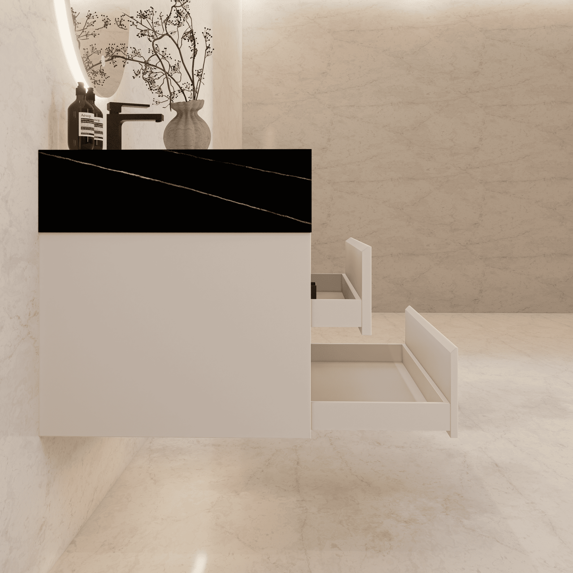 32", 36", 40" Sintered Stone Top with Light Oak Floating Bathroom Vanity - VanityBlack Marquina Gold Veins