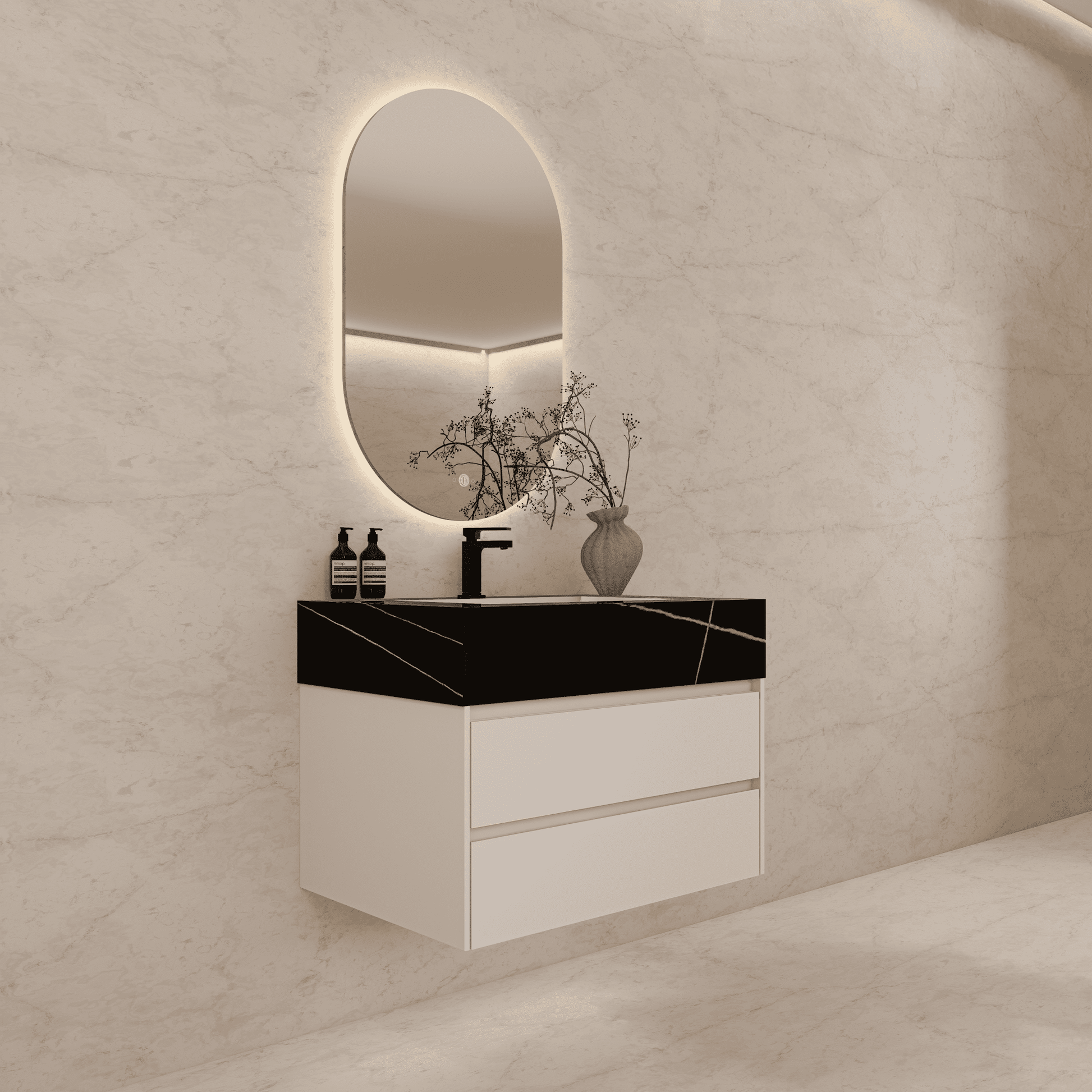 32", 36", 40" Sintered Stone Top with Light Oak Floating Bathroom Vanity - VanityBlack Marquina Gold Veins