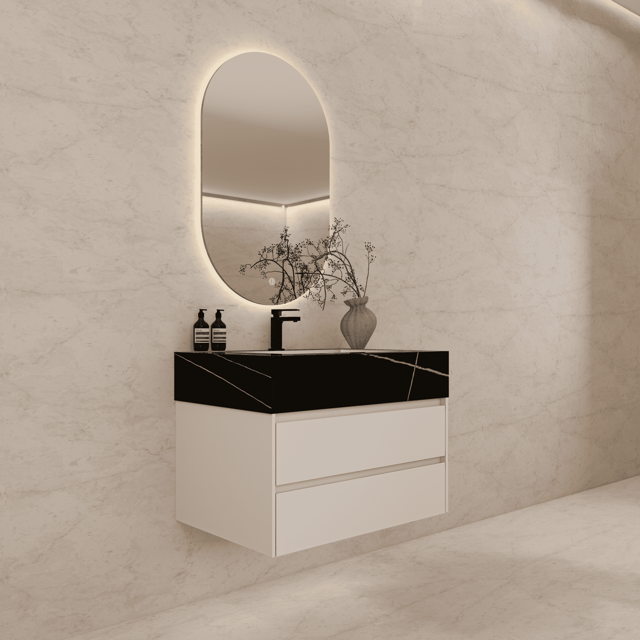 32", 36", 40" Sintered Stone Top with Light Oak Floating Bathroom Vanity - VanityBlack Marquina Gold Veins