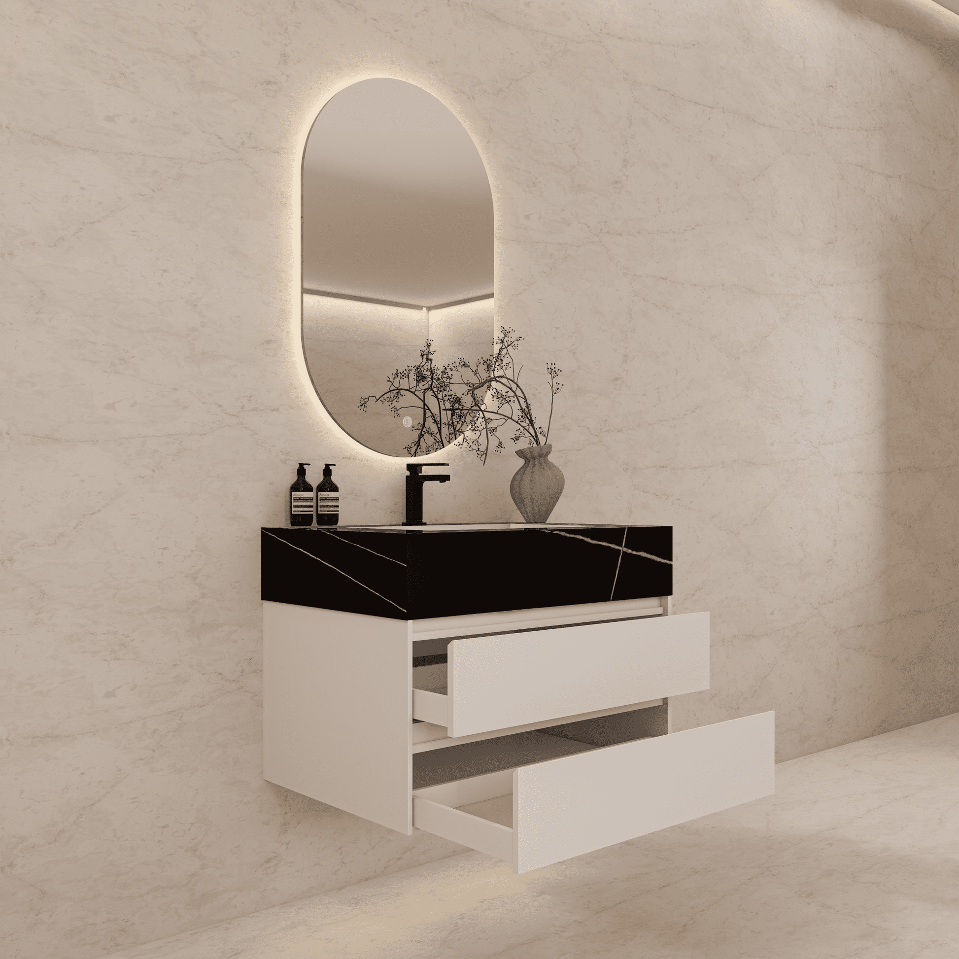 32", 36", 40" Sintered Stone Top with Light Oak Floating Bathroom Vanity - VanityBlack Marquina Gold Veins