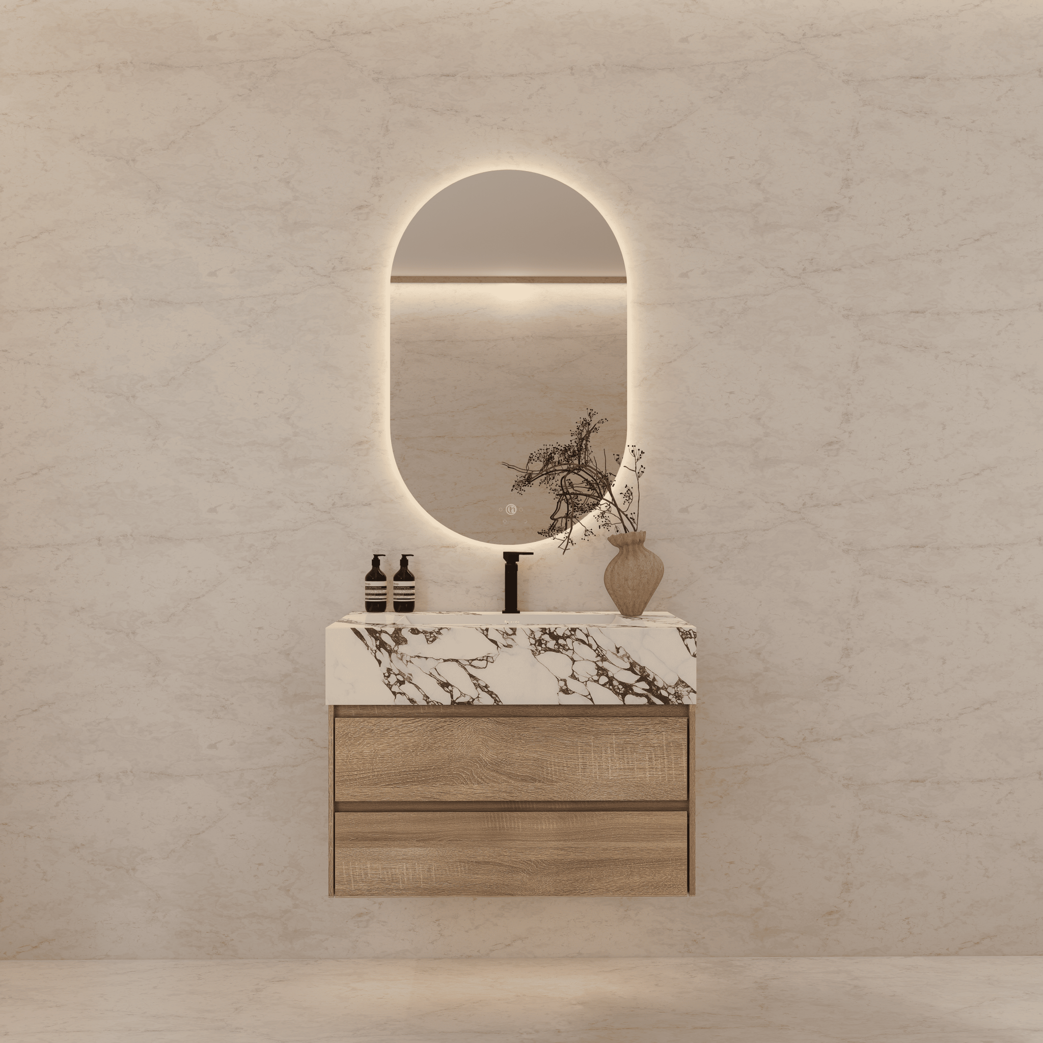 32", 36", 40" Sintered Stone Top with Light Oak Floating Bathroom Vanity - VanityCalacatta Black