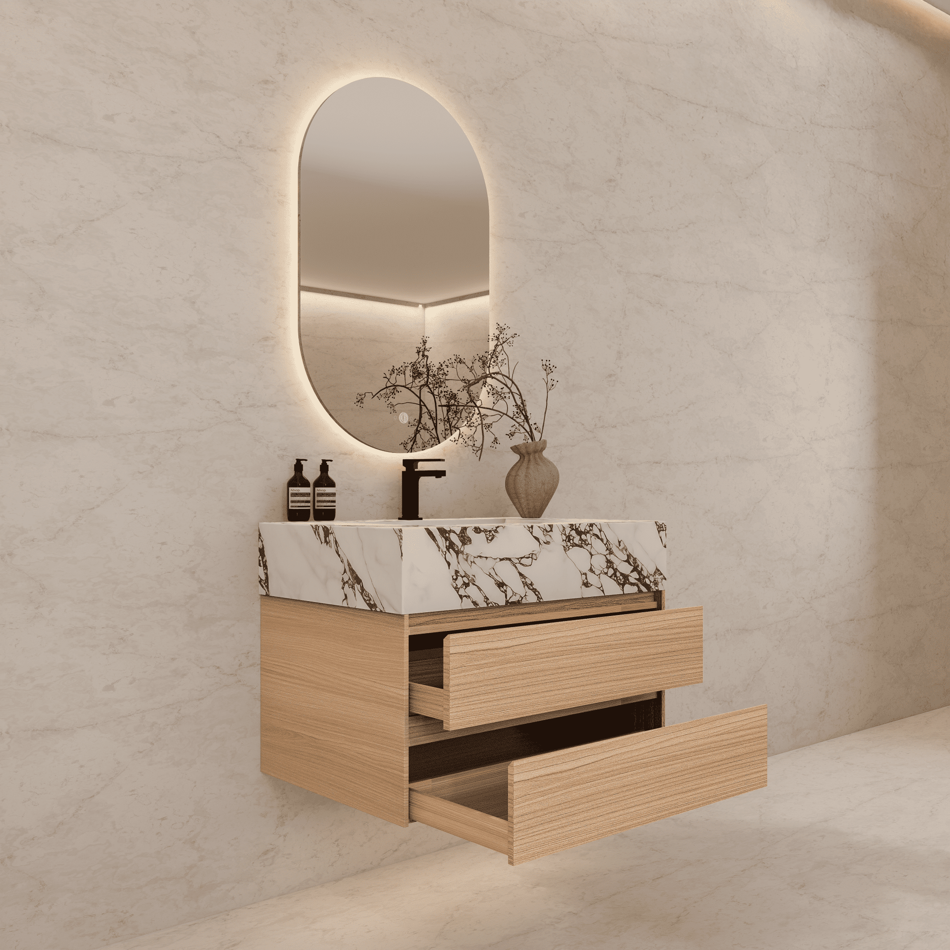 32", 36", 40" Sintered Stone Top with Light Oak Floating Bathroom Vanity - VanityCalacatta Black