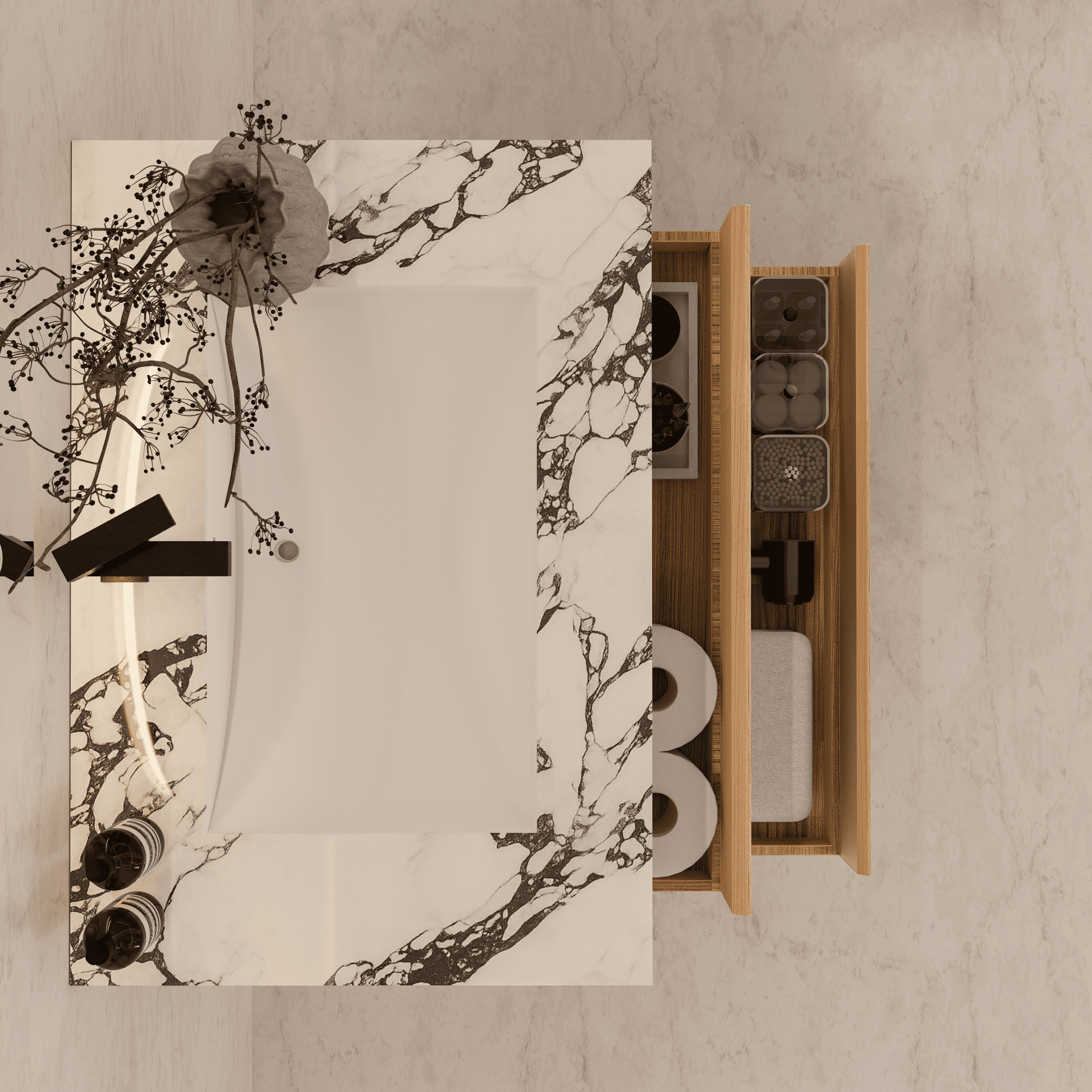 32", 36", 40" Sintered Stone Top with Light Oak Floating Bathroom Vanity - VanityCalacatta Black