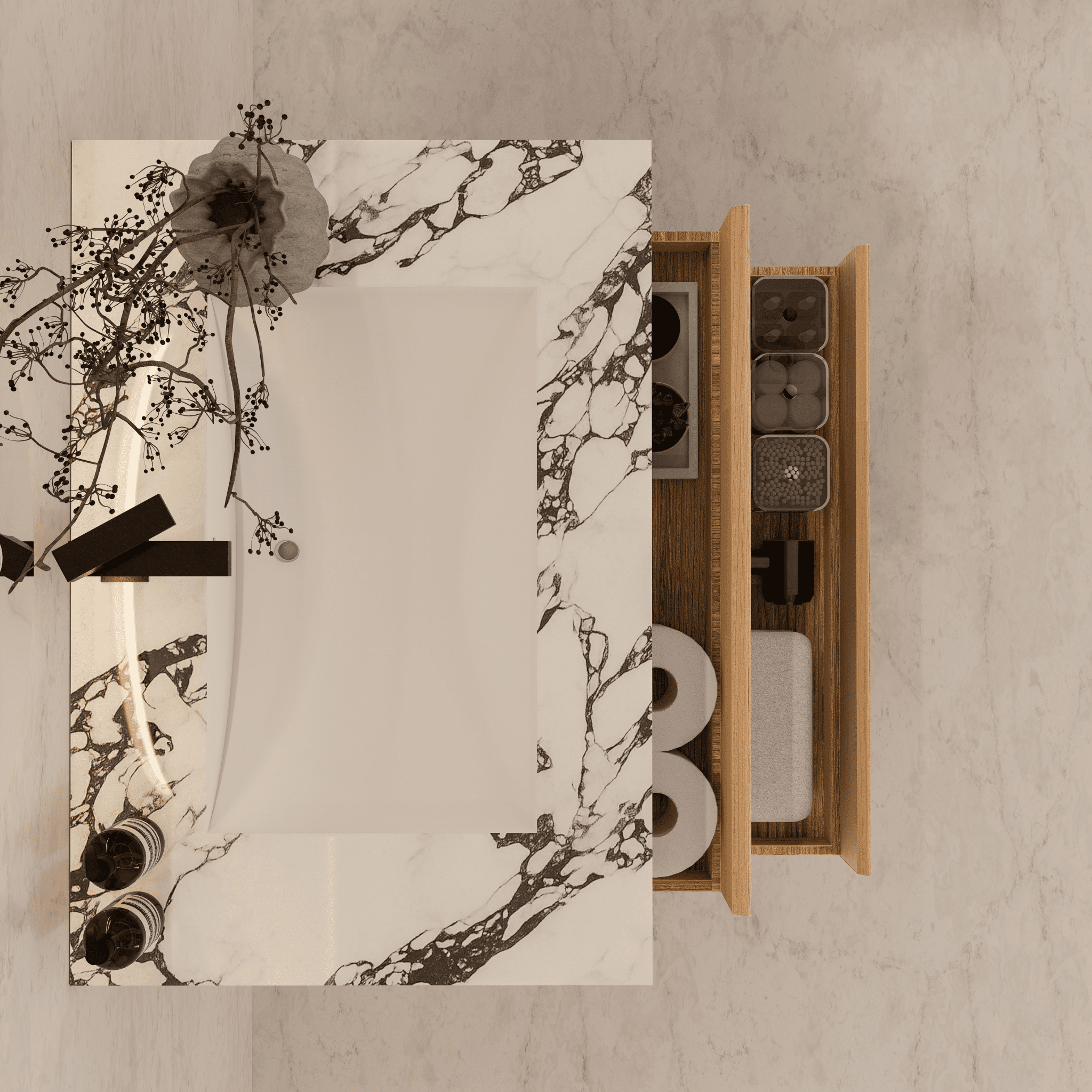 32", 36", 40" Sintered Stone Top with Light Oak Floating Bathroom Vanity - VanityCalacatta Black