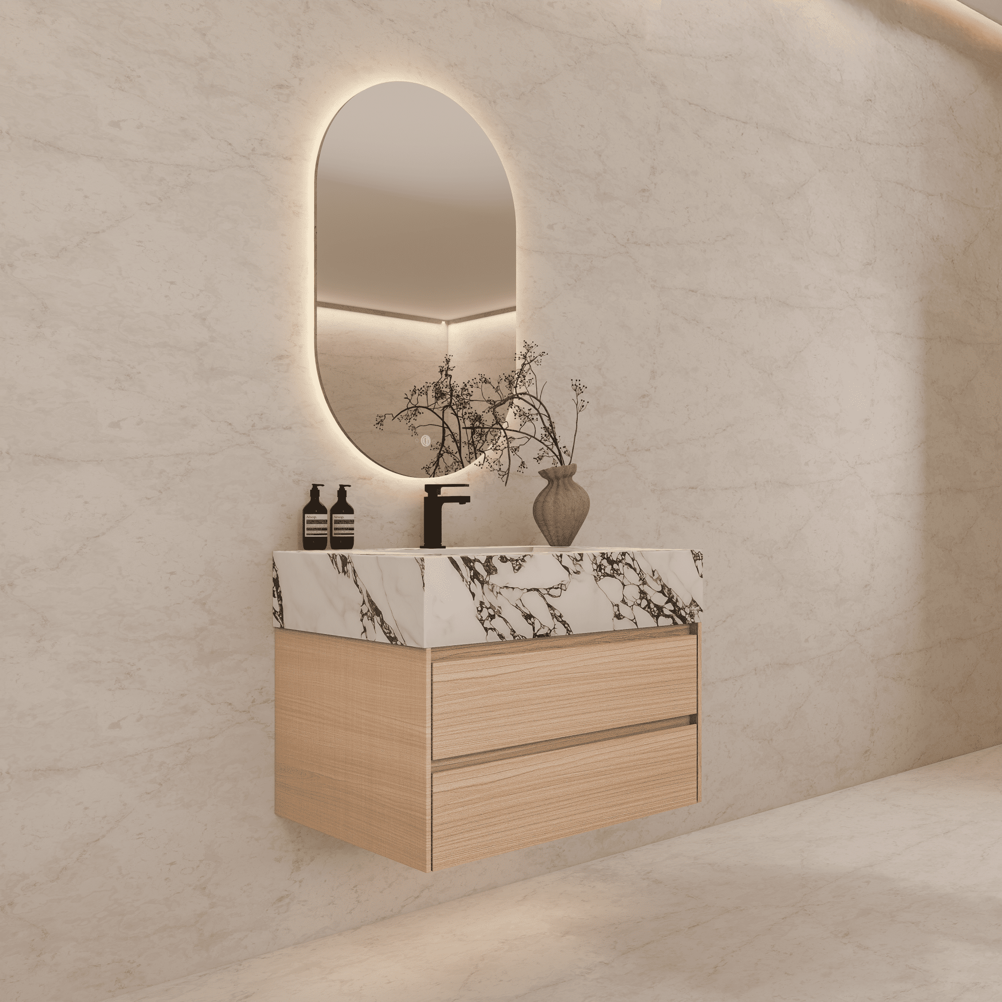 32", 36", 40" Sintered Stone Top with Light Oak Floating Bathroom Vanity - VanityCalacatta Black