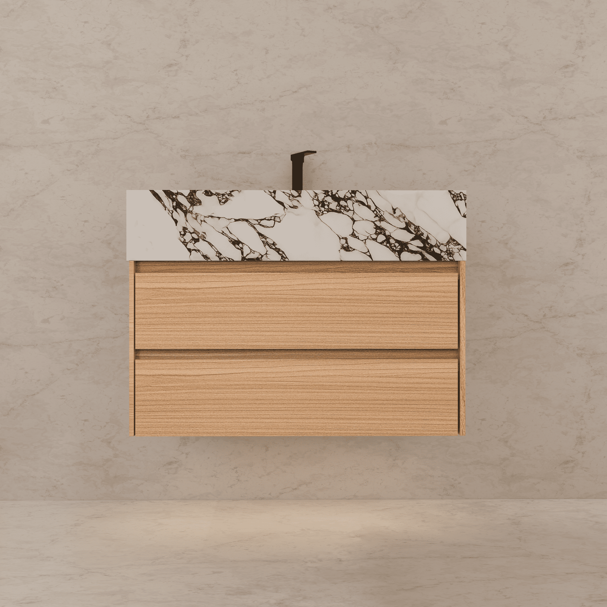 32", 36", 40" Sintered Stone Top with Light Oak Floating Bathroom Vanity - VanityCalacatta Black