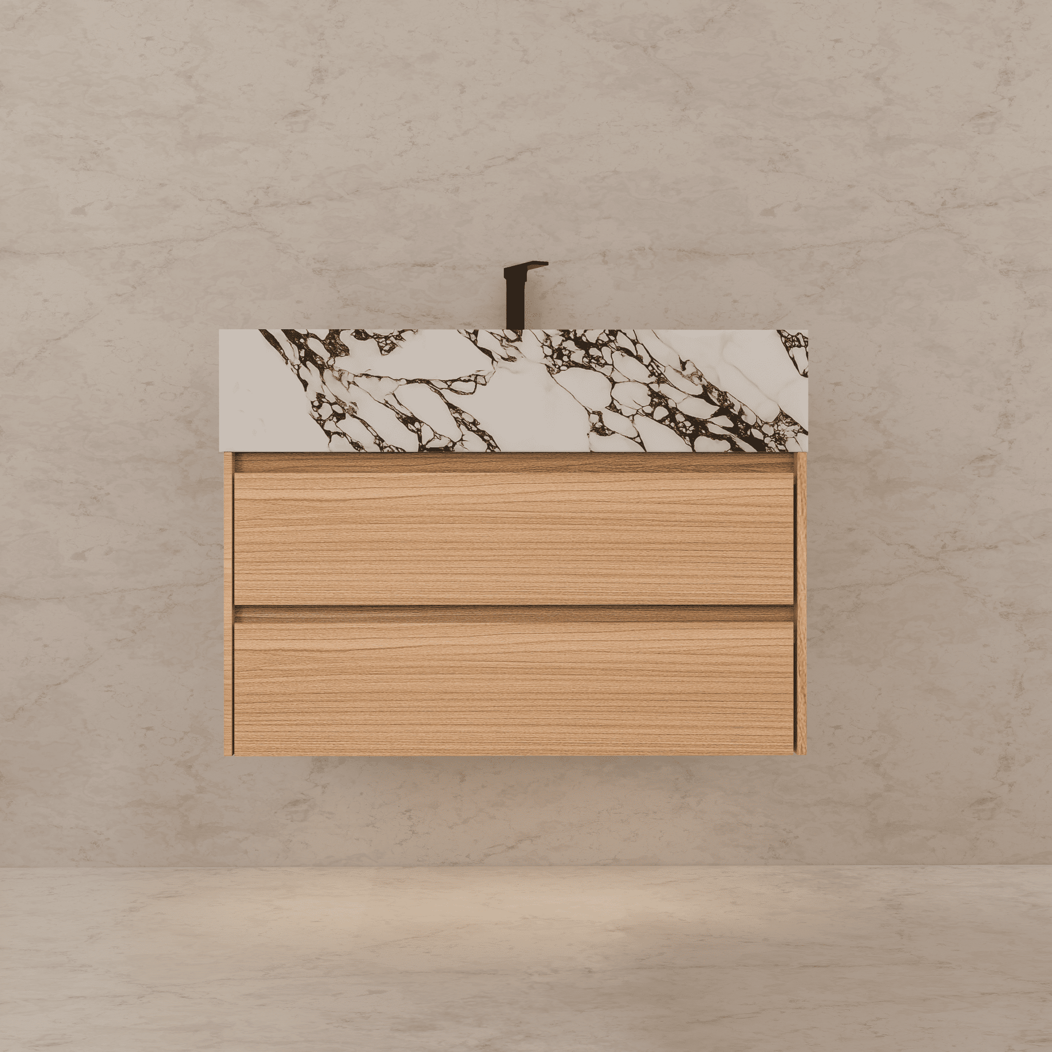 32", 36", 40" Sintered Stone Top with Light Oak Floating Bathroom Vanity - VanityCalacatta Black