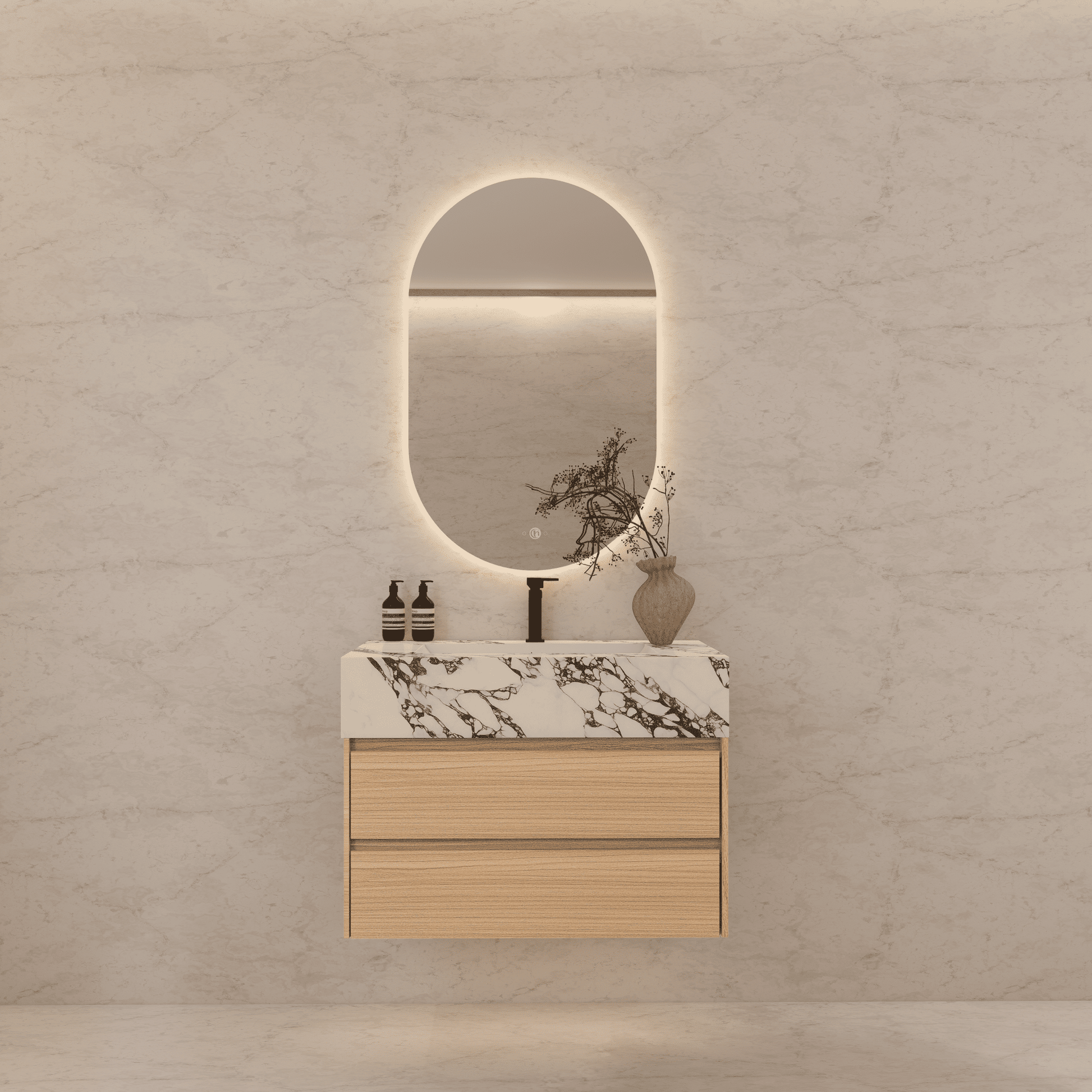 32", 36", 40" Sintered Stone Top with Light Oak Floating Bathroom Vanity - VanityCalacatta Black