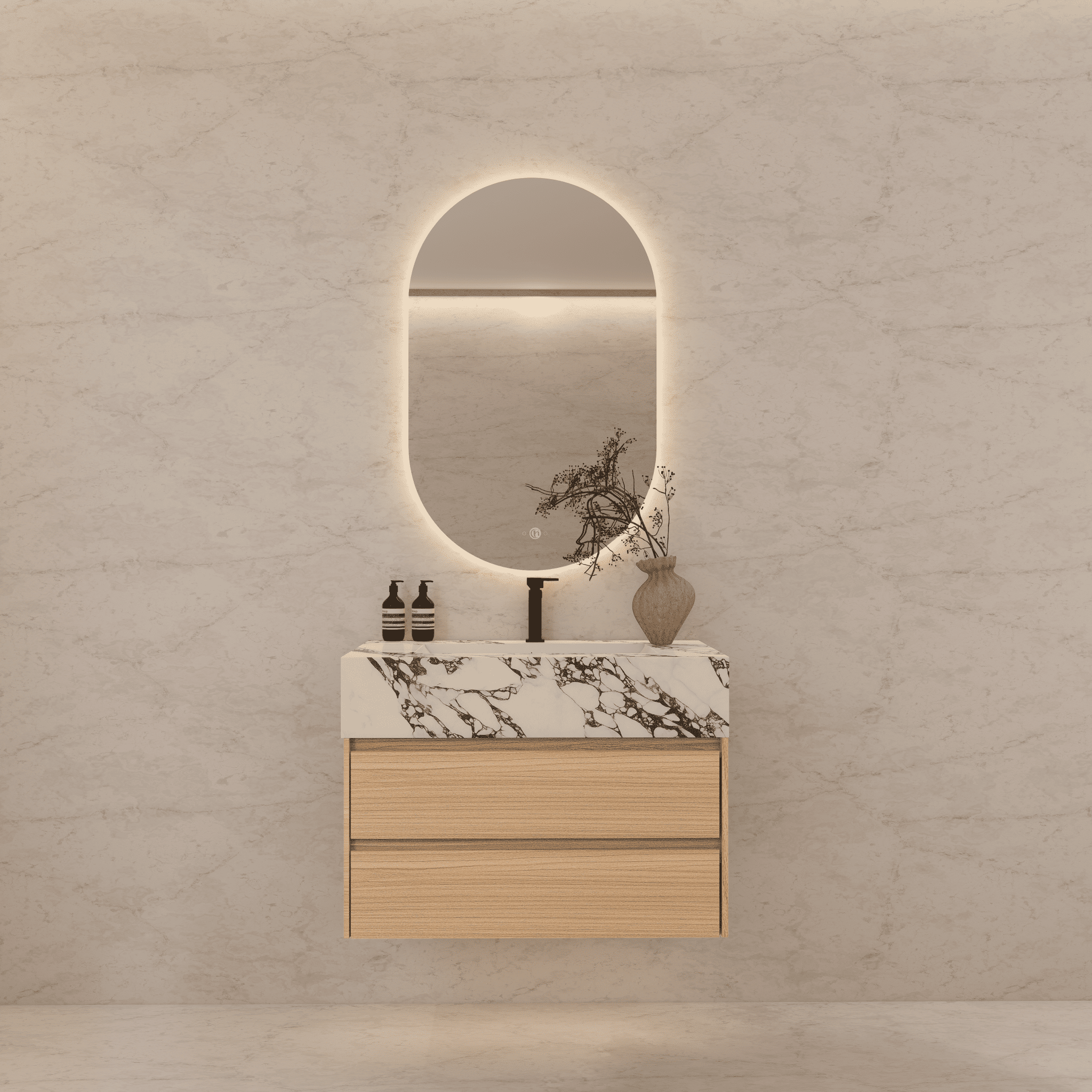 32", 36", 40" Sintered Stone Top with Light Oak Floating Bathroom Vanity - VanityCalacatta Black