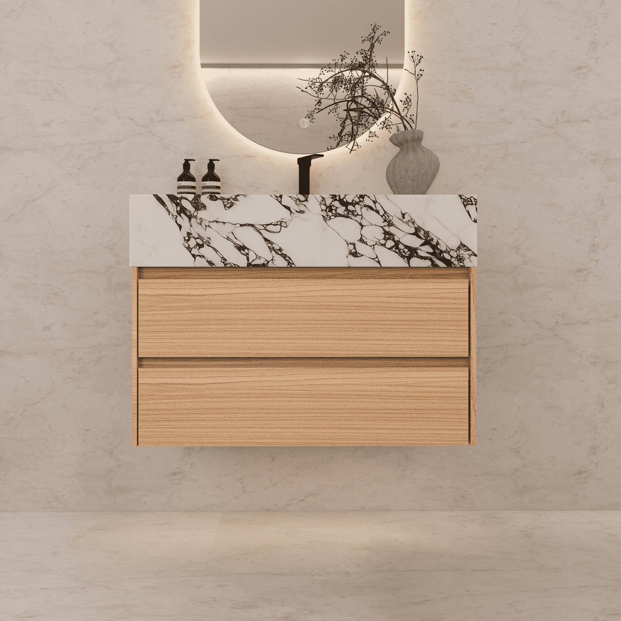 32", 36", 40" Sintered Stone Top with Light Oak Floating Bathroom Vanity - VanityCalacatta Black