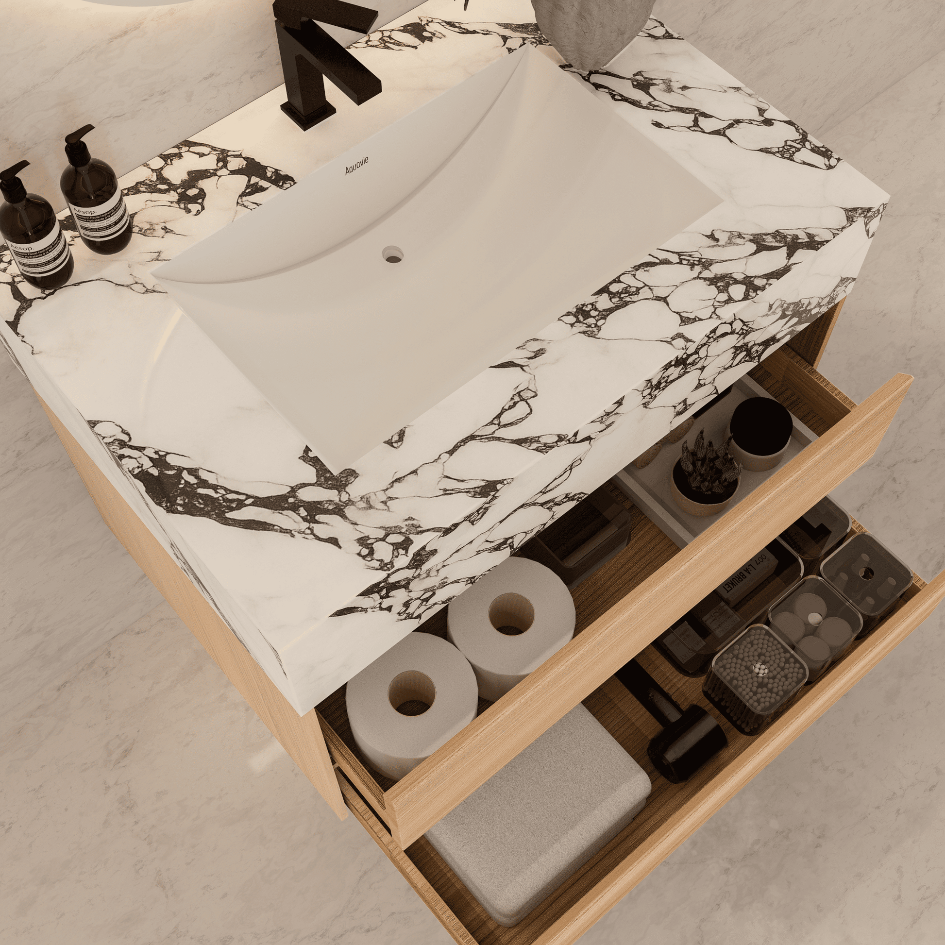 32", 36", 40" Sintered Stone Top with Light Oak Floating Bathroom Vanity - VanityCalacatta Black