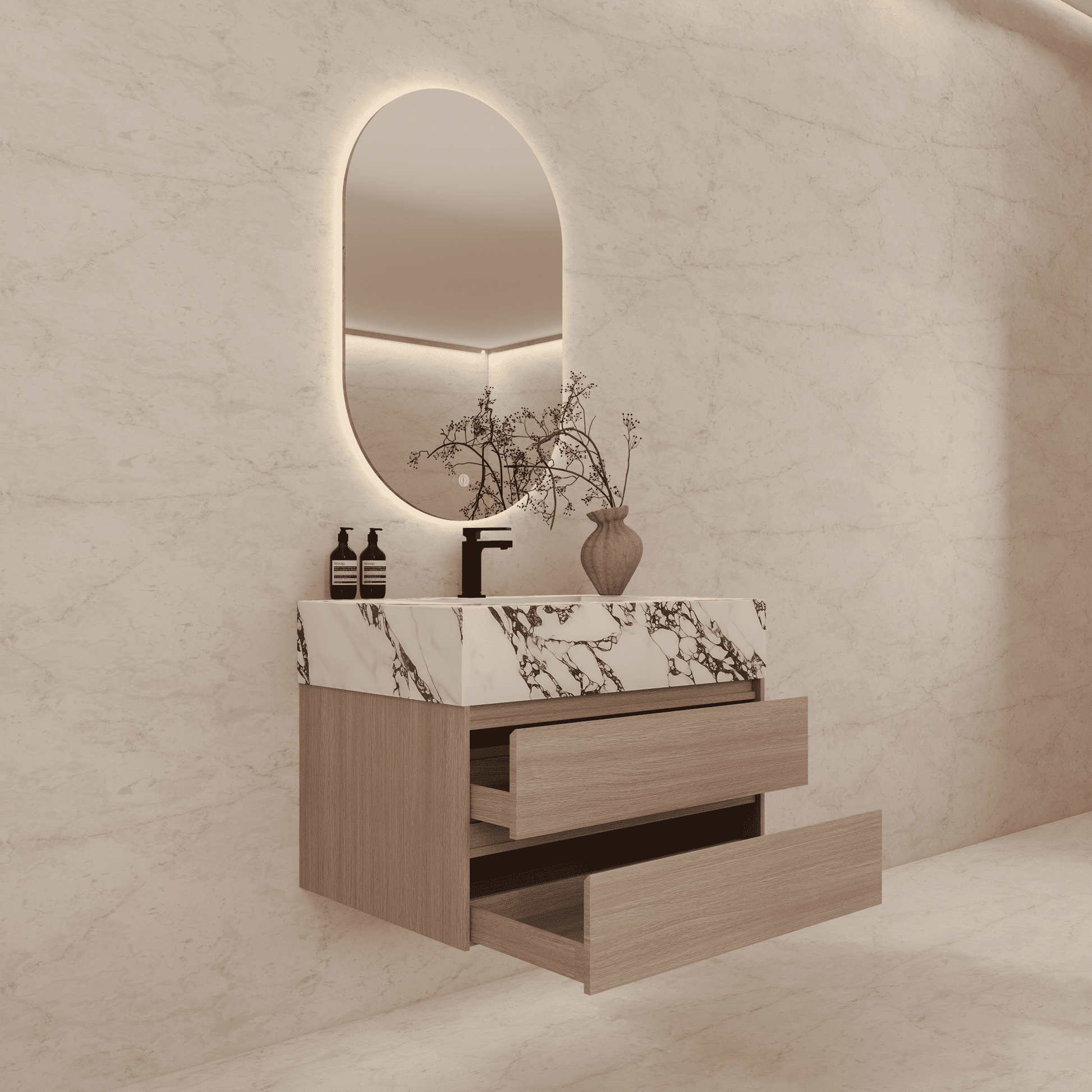 32", 36", 40" Sintered Stone Top with Light Oak Floating Bathroom Vanity - VanityCalacatta Black