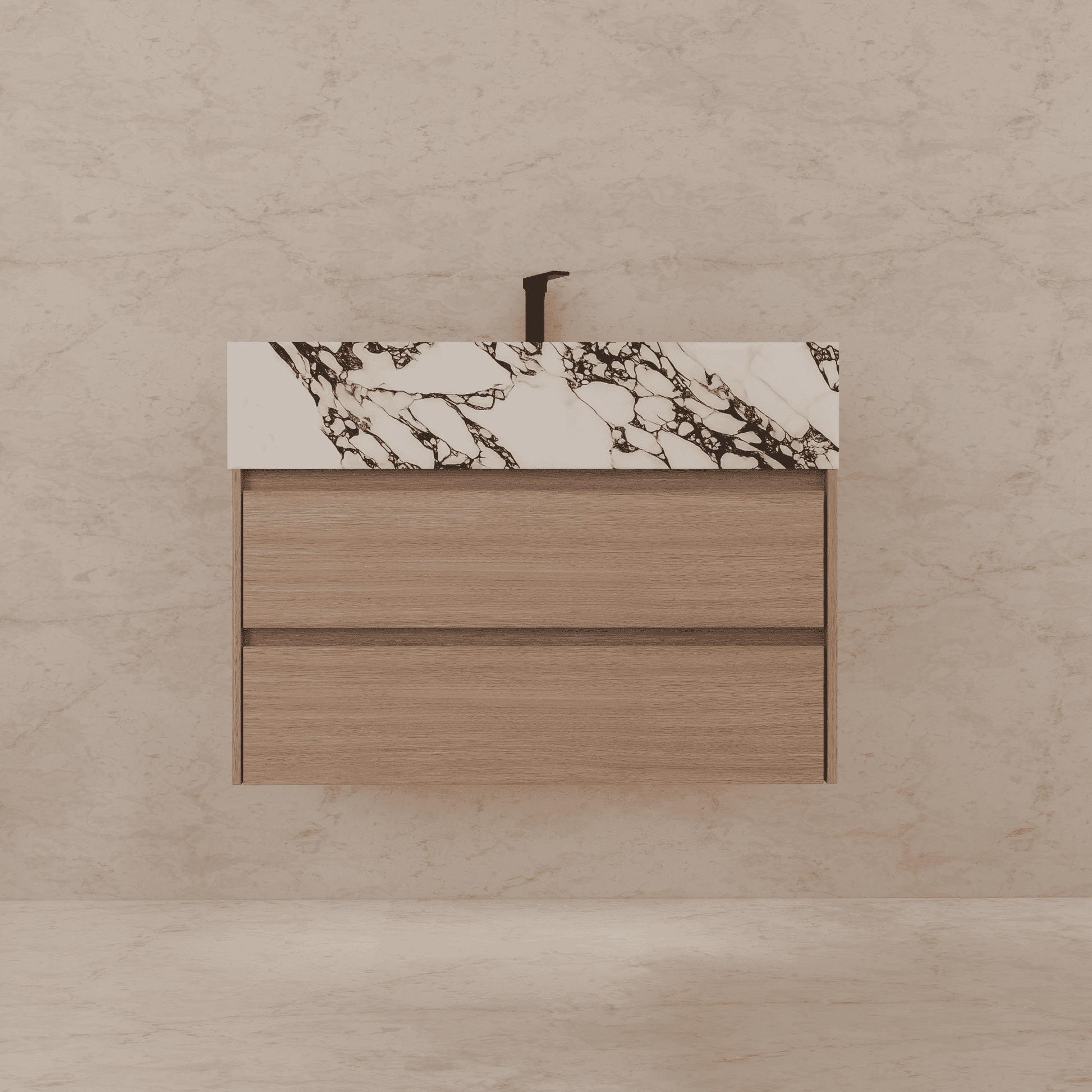 32", 36", 40" Sintered Stone Top with Light Oak Floating Bathroom Vanity - VanityCalacatta Black