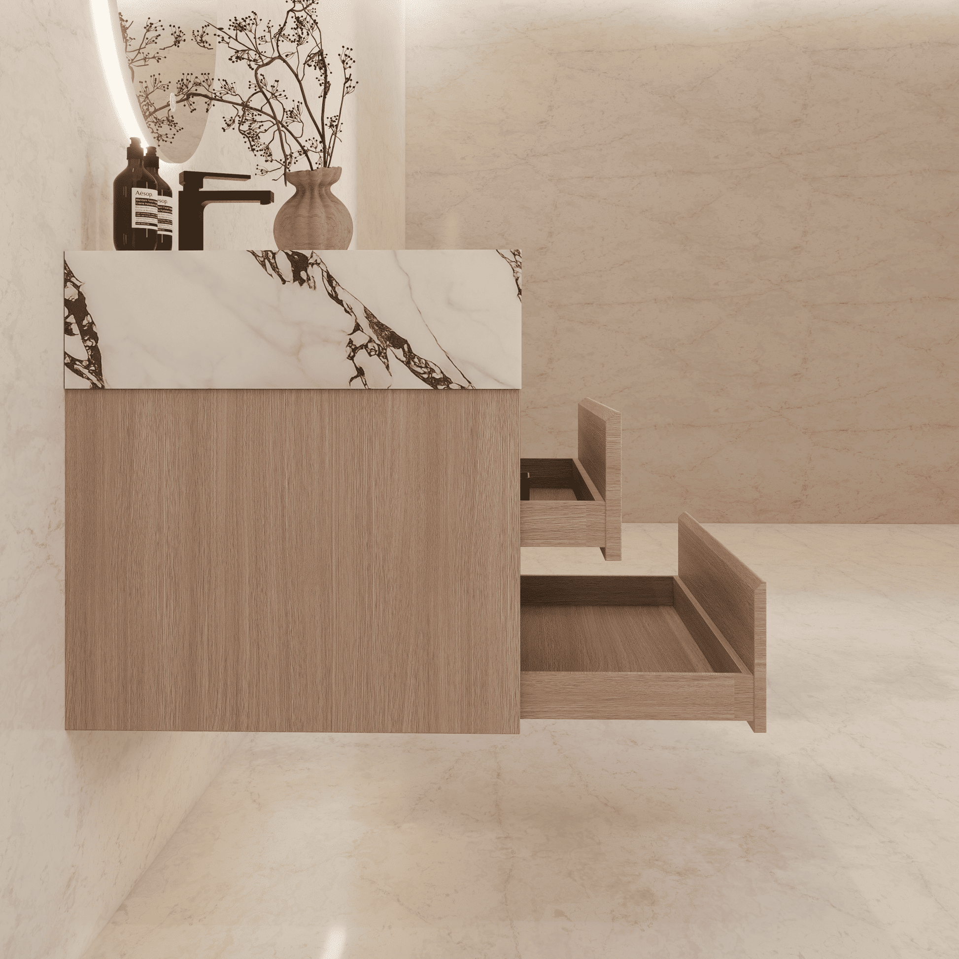 32", 36", 40" Sintered Stone Top with Light Oak Floating Bathroom Vanity - VanityCalacatta Black