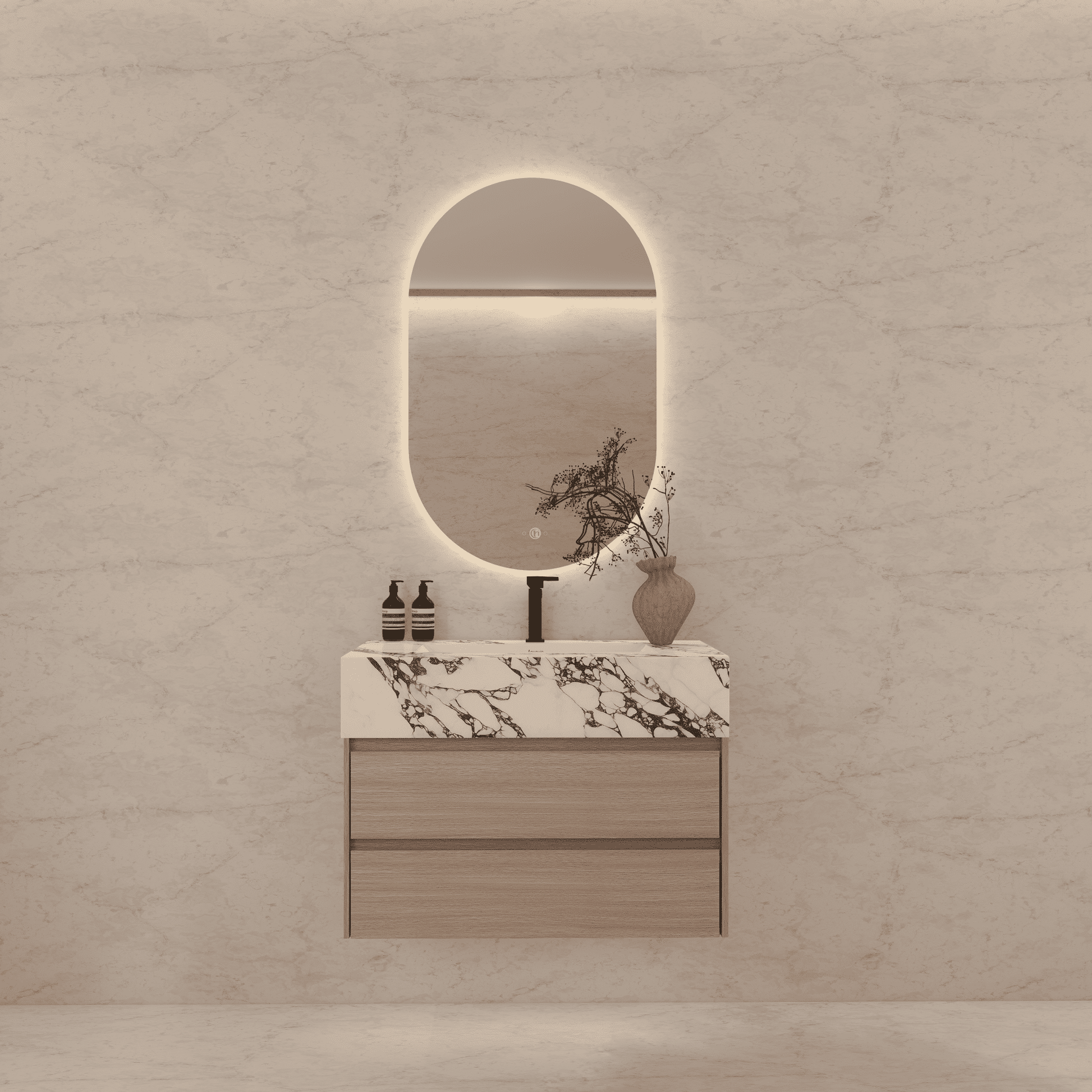 32", 36", 40" Sintered Stone Top with Light Oak Floating Bathroom Vanity - VanityCalacatta Black