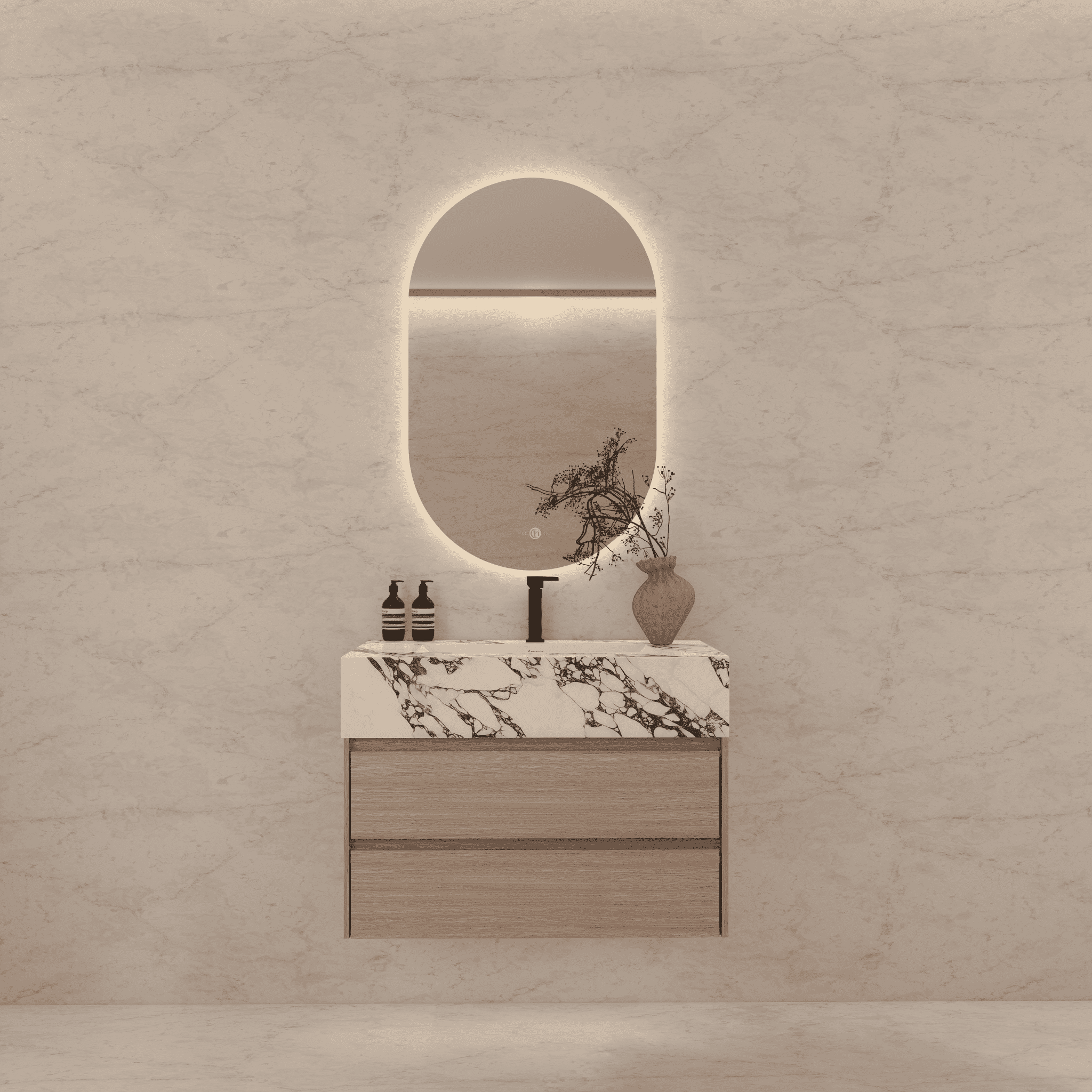 32", 36", 40" Sintered Stone Top with Light Oak Floating Bathroom Vanity - VanityCalacatta Black