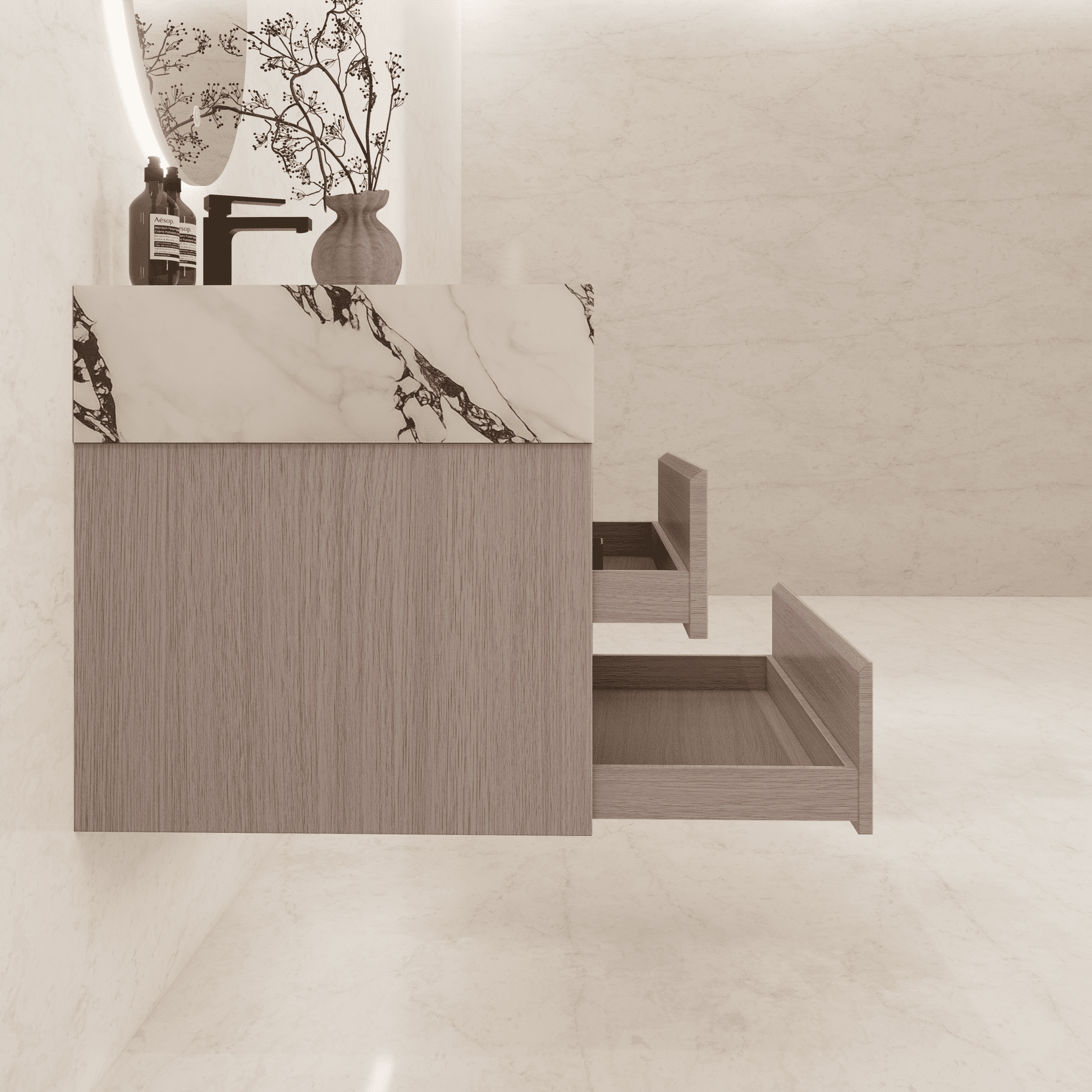 32", 36", 40" Sintered Stone Top with Light Oak Floating Bathroom Vanity - VanityCalacatta Black