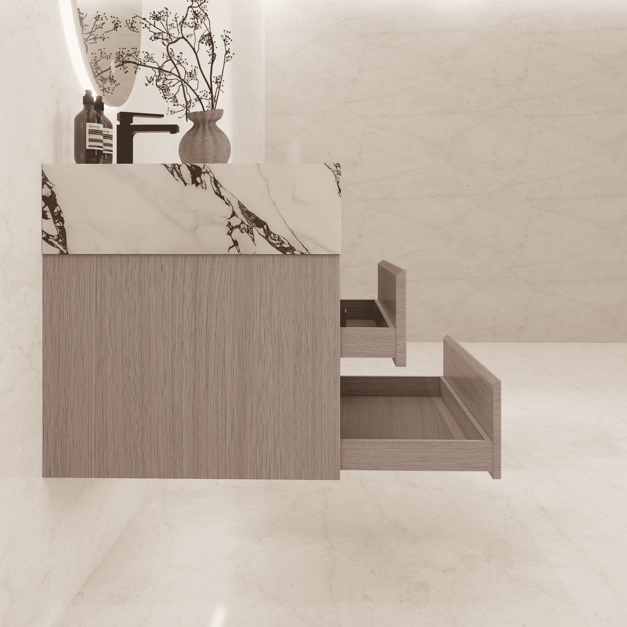 32", 36", 40" Sintered Stone Top with Light Oak Floating Bathroom Vanity - VanityCalacatta Black