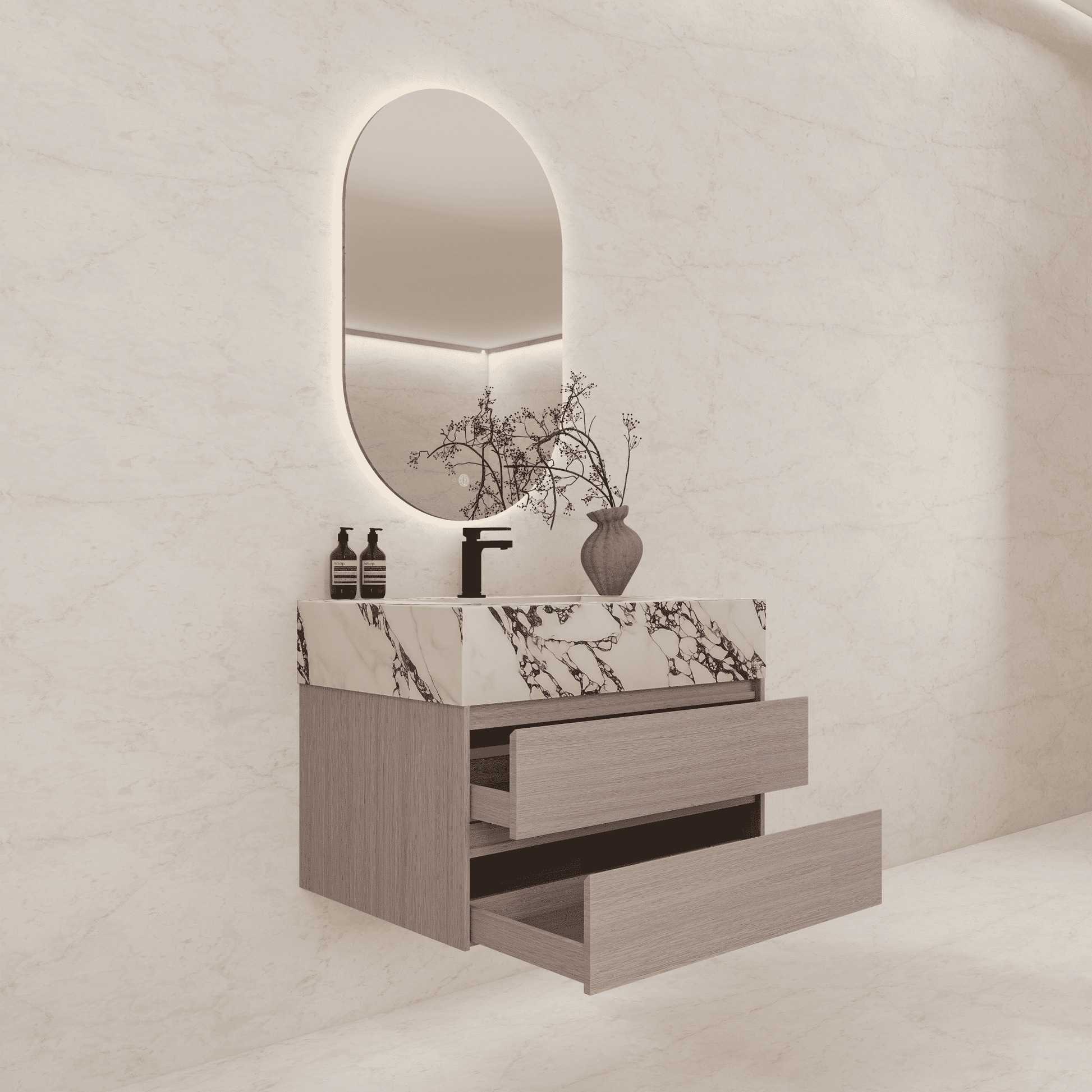 32", 36", 40" Sintered Stone Top with Light Oak Floating Bathroom Vanity - VanityCalacatta Black