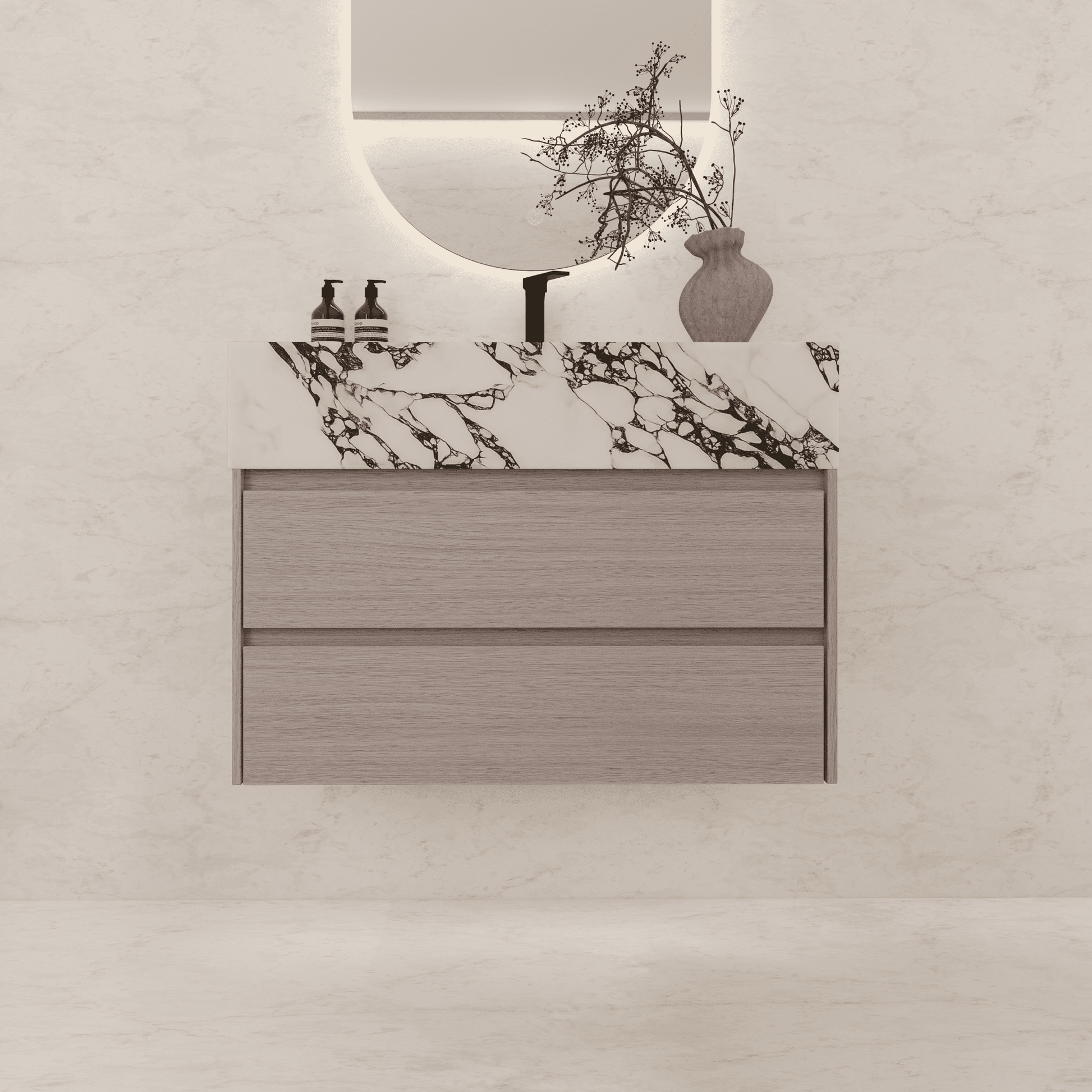 32", 36", 40" Sintered Stone Top with Light Oak Floating Bathroom Vanity - VanityCalacatta Black