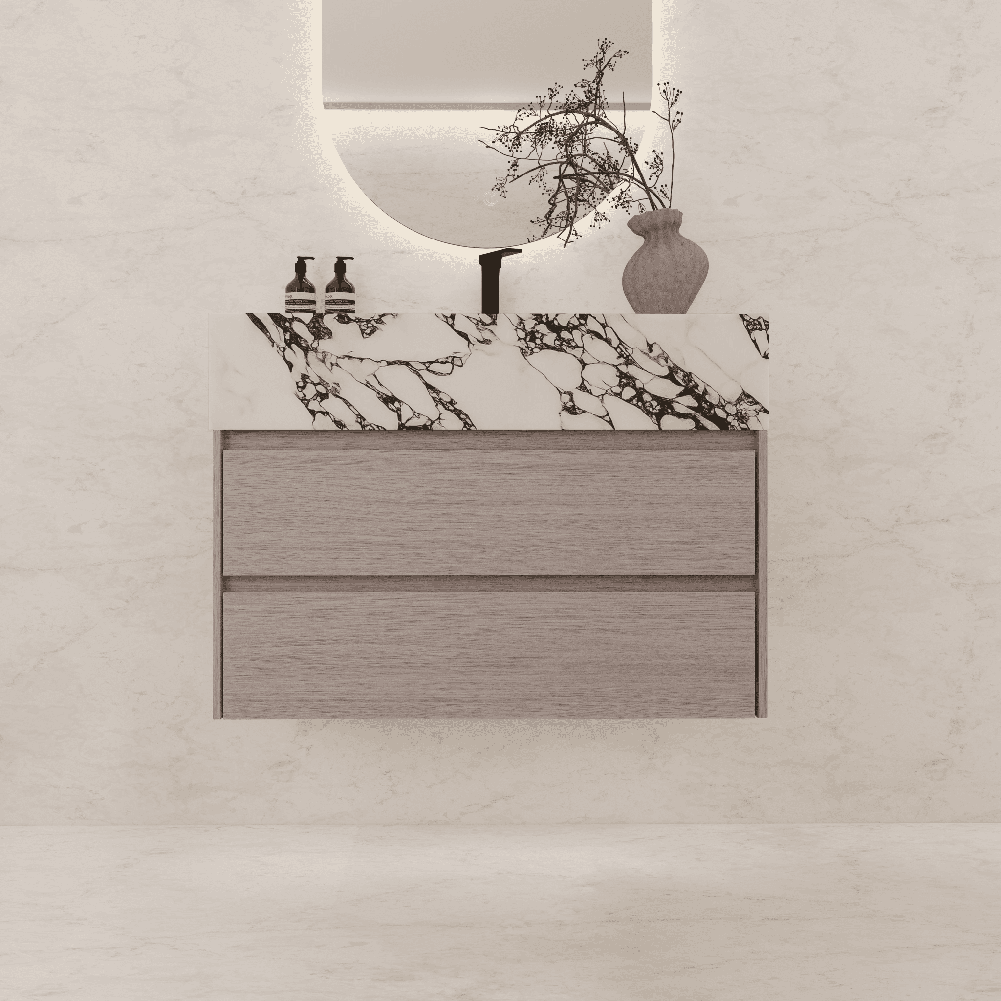 32", 36", 40" Sintered Stone Top with Light Oak Floating Bathroom Vanity - VanityCalacatta Black