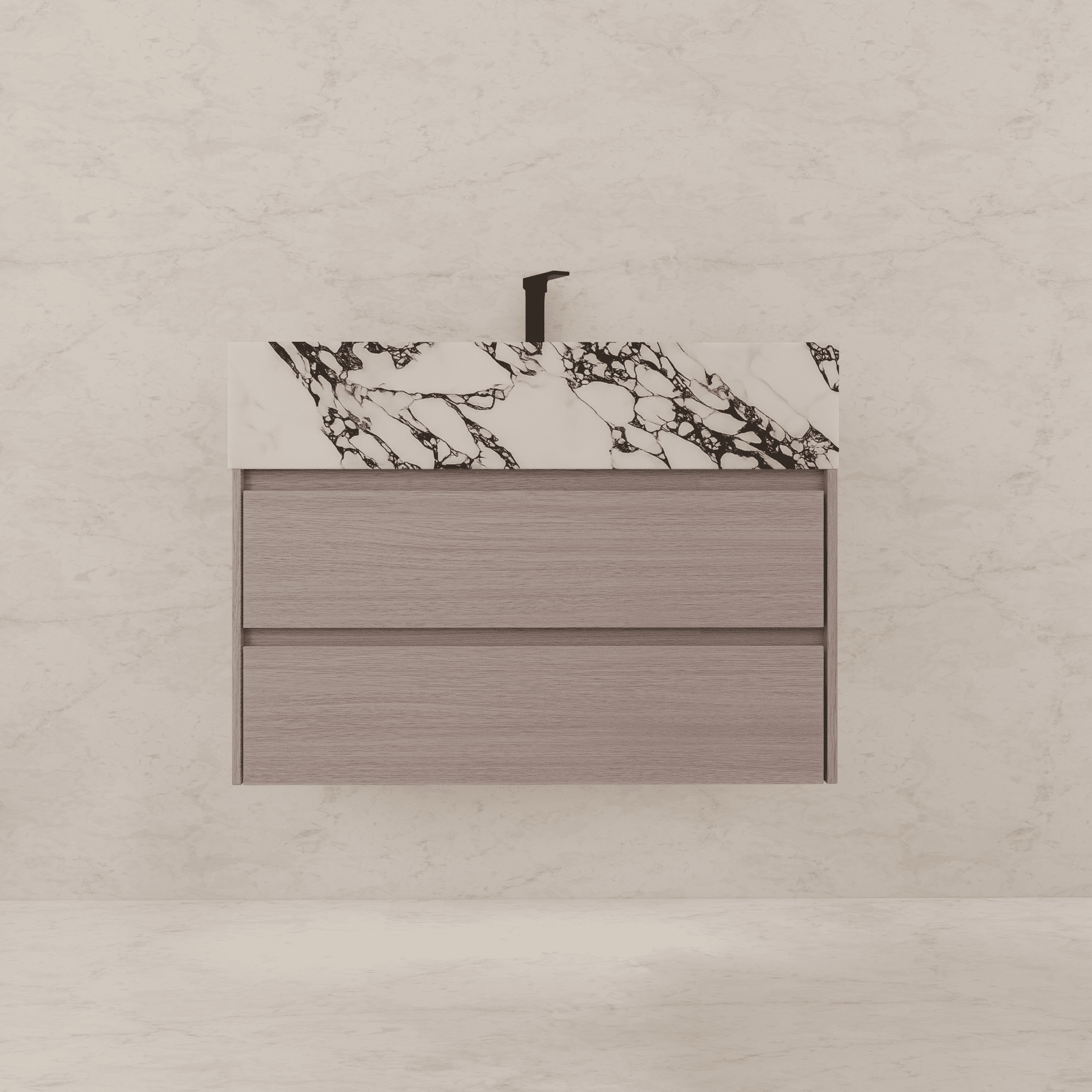 32", 36", 40" Sintered Stone Top with Light Oak Floating Bathroom Vanity - VanityCalacatta Black