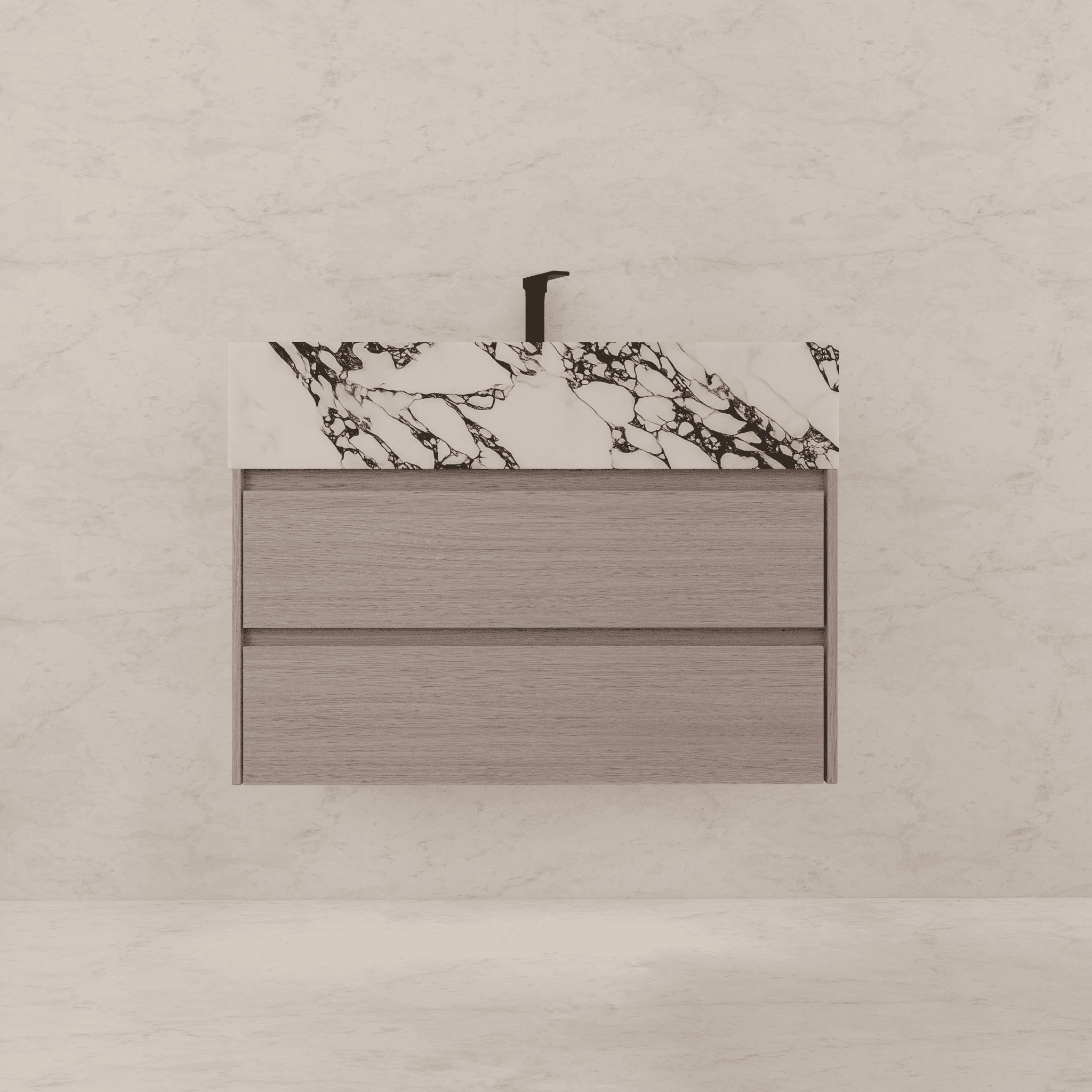 32", 36", 40" Sintered Stone Top with Light Oak Floating Bathroom Vanity - VanityCalacatta Black